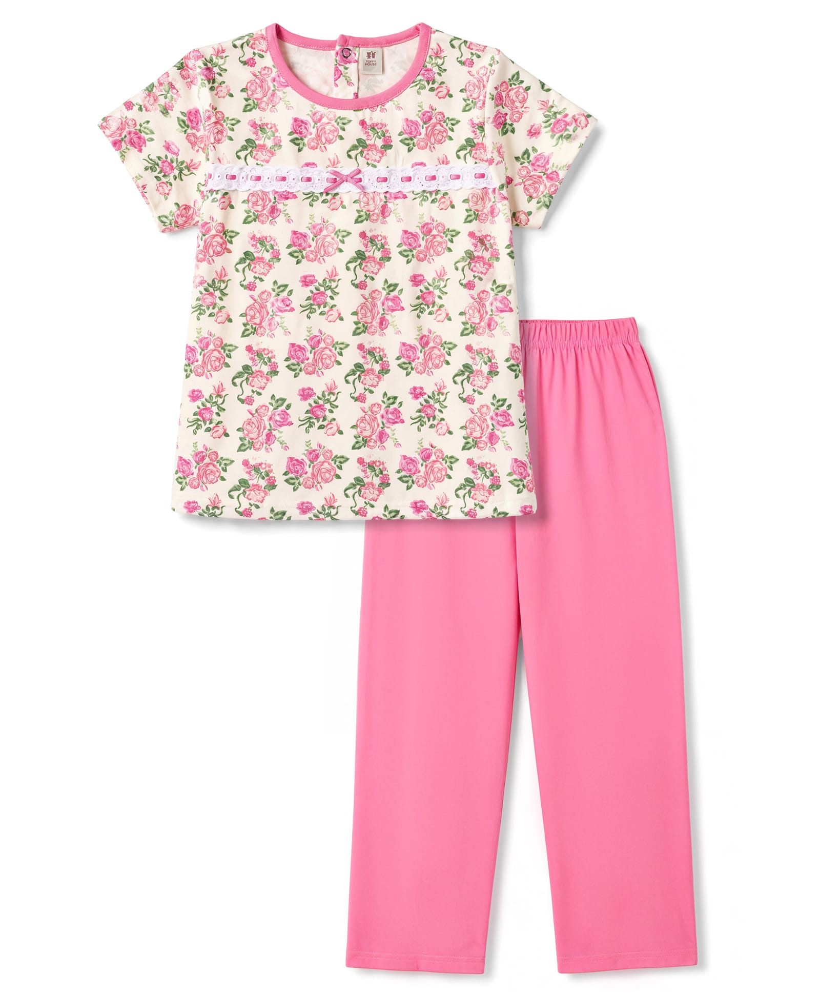 ToffyHouse Single Jersey Knit Half Sleeves Top & Pyjama Night Suit With Floral Print - Pink-image-37