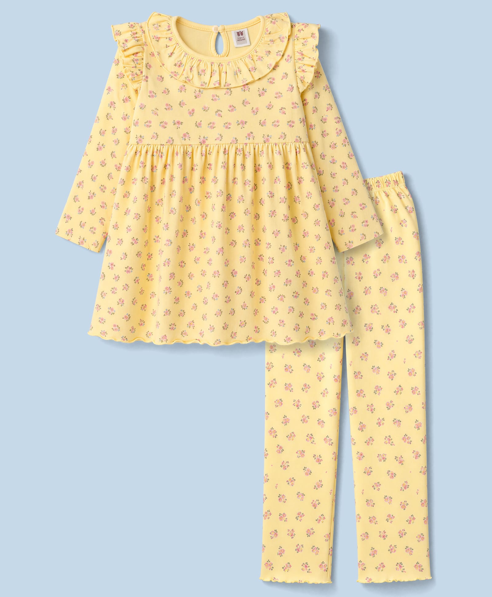 ToffyHouse Single Jersey Knit Full Sleeves Top & Pyjama Co-ords Night Suit With Floral Print - Light Yellow-image-15