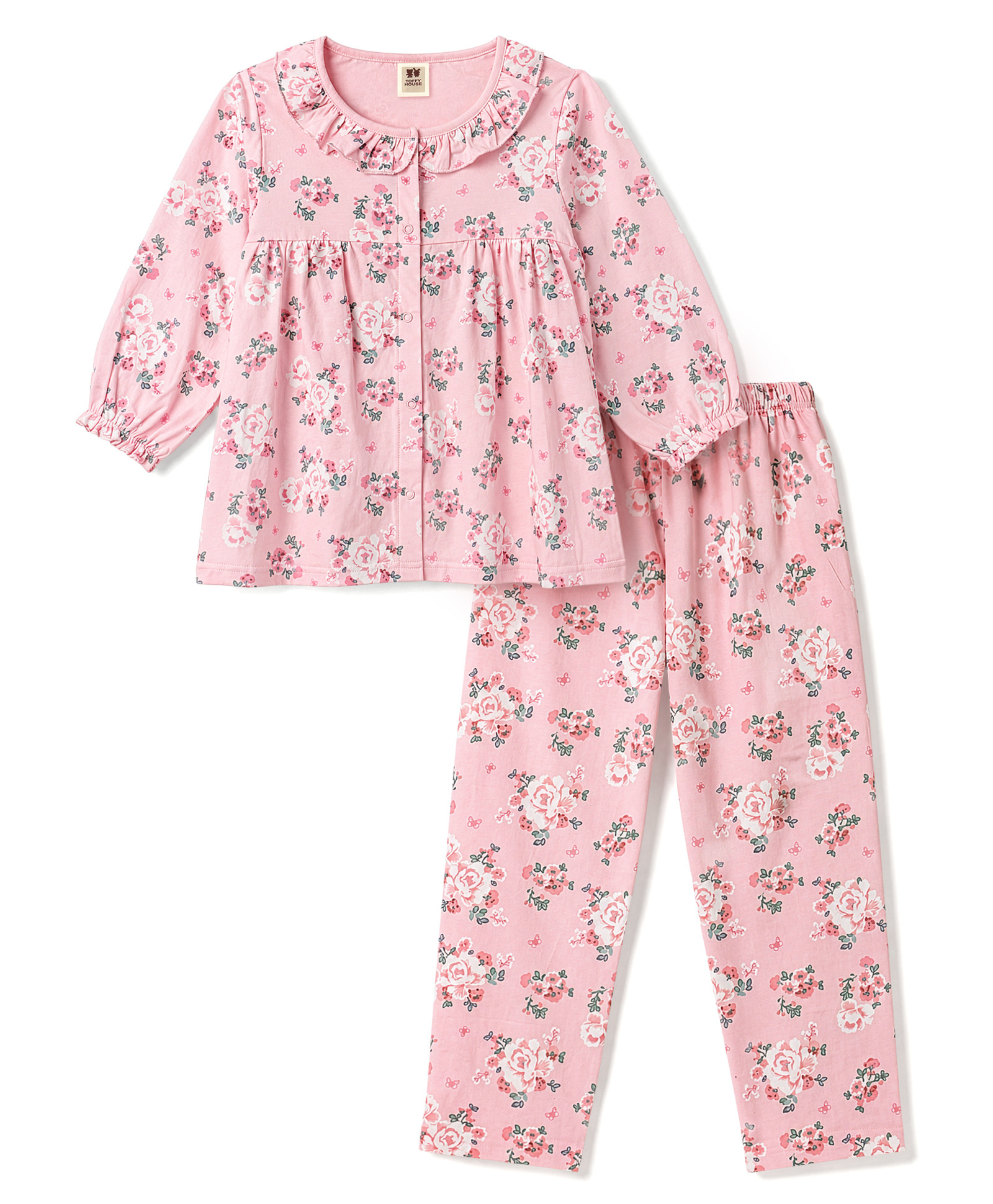 ToffyHouse Single Jersey Knit Full Sleeves Co-ord Top & Pyjama Night Suit with Floral Print - Baby Pink-picture-33
