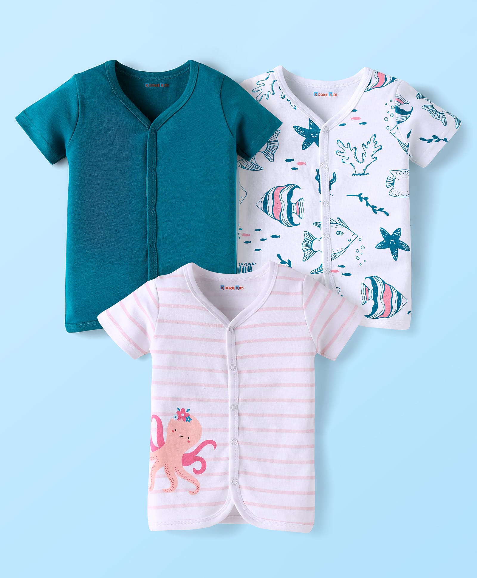 Kookie Kids 100% Cotton Knit Half Sleeves Sea Life Printed Jhablas Pack Of 3 - Multicolour-image-31