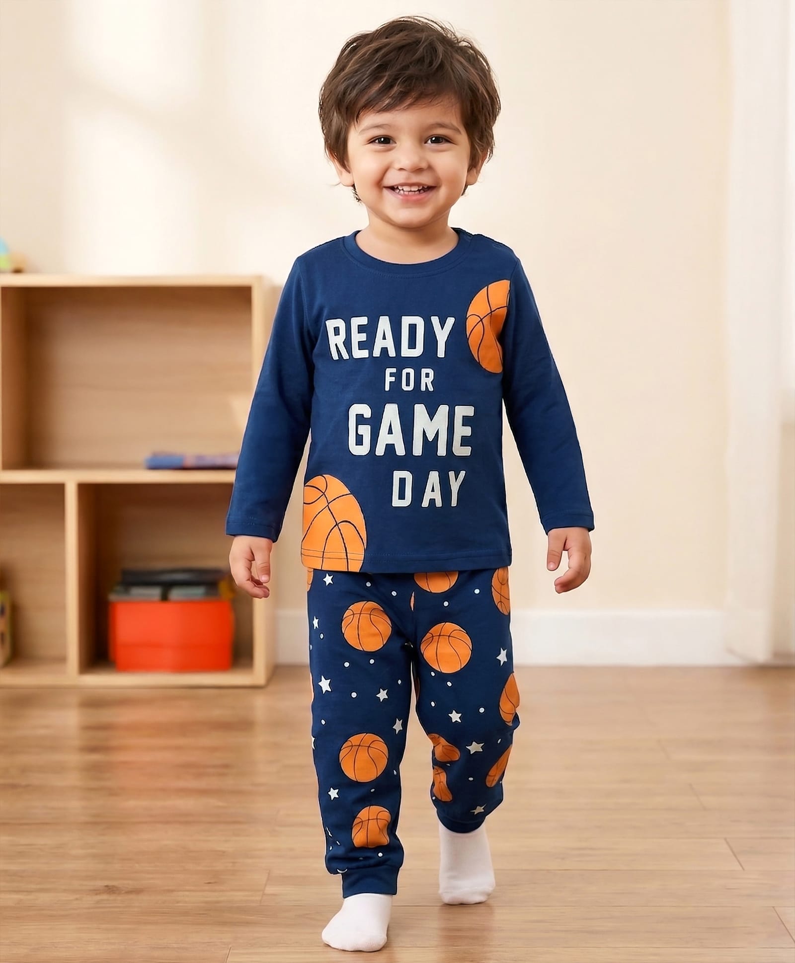 Babyhug Cotton Knit Full Sleeves T-Shirt & Pyjama Night Suit with Basketball Print - Navy Blue-image-33