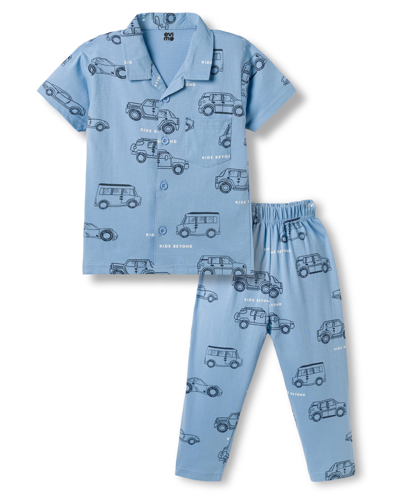 Evimo Single Jersey Knit Half Sleeves Vehicles Printed Co-Ords Shirt & Pyjama Night Suit - Light Blue-picture-20