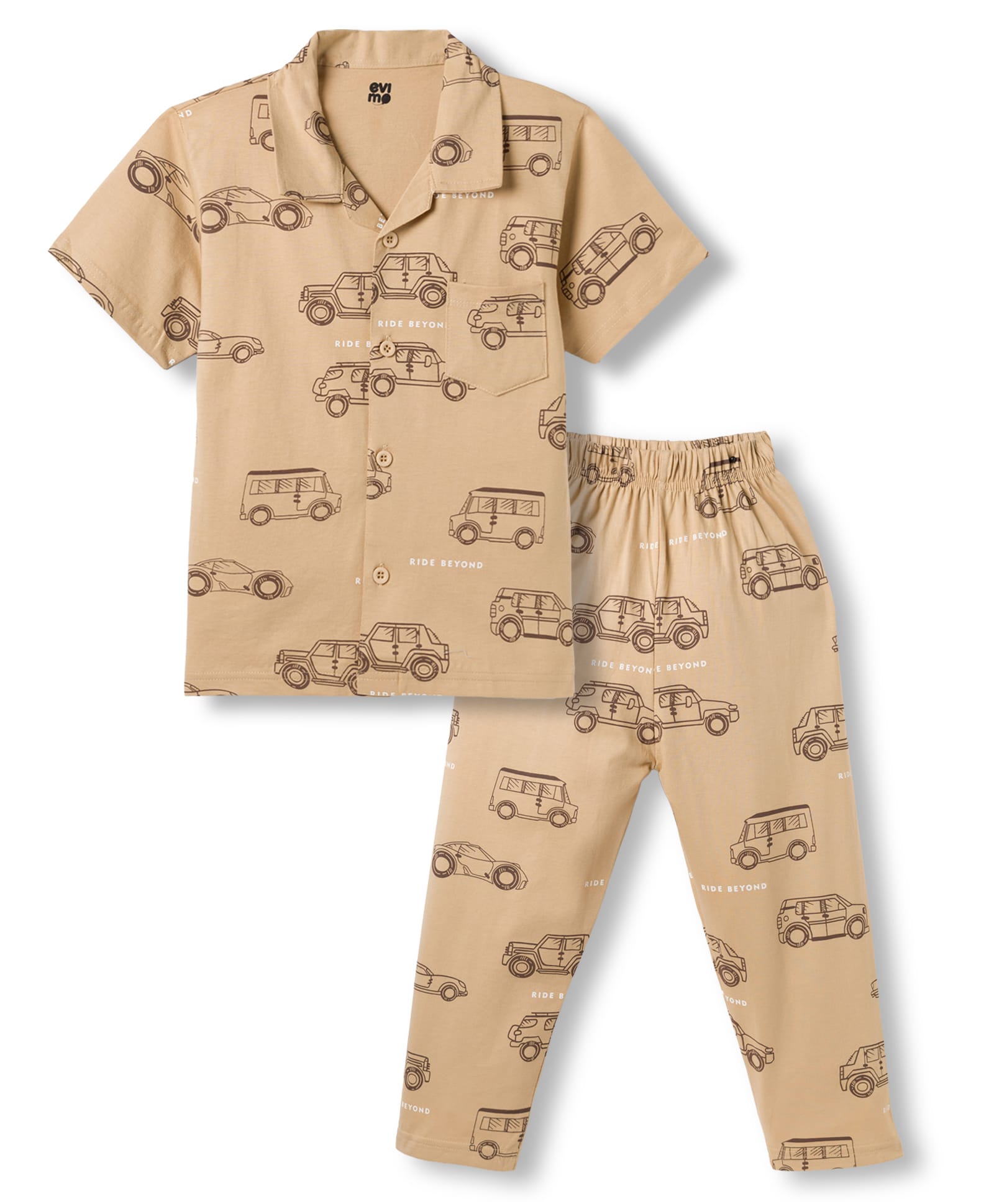 Evimo Single Jersey Knit Half Sleeves Vehicles Printed Co-Ords Shirt & Pyjama Night Suit - Light Brown-picture-2