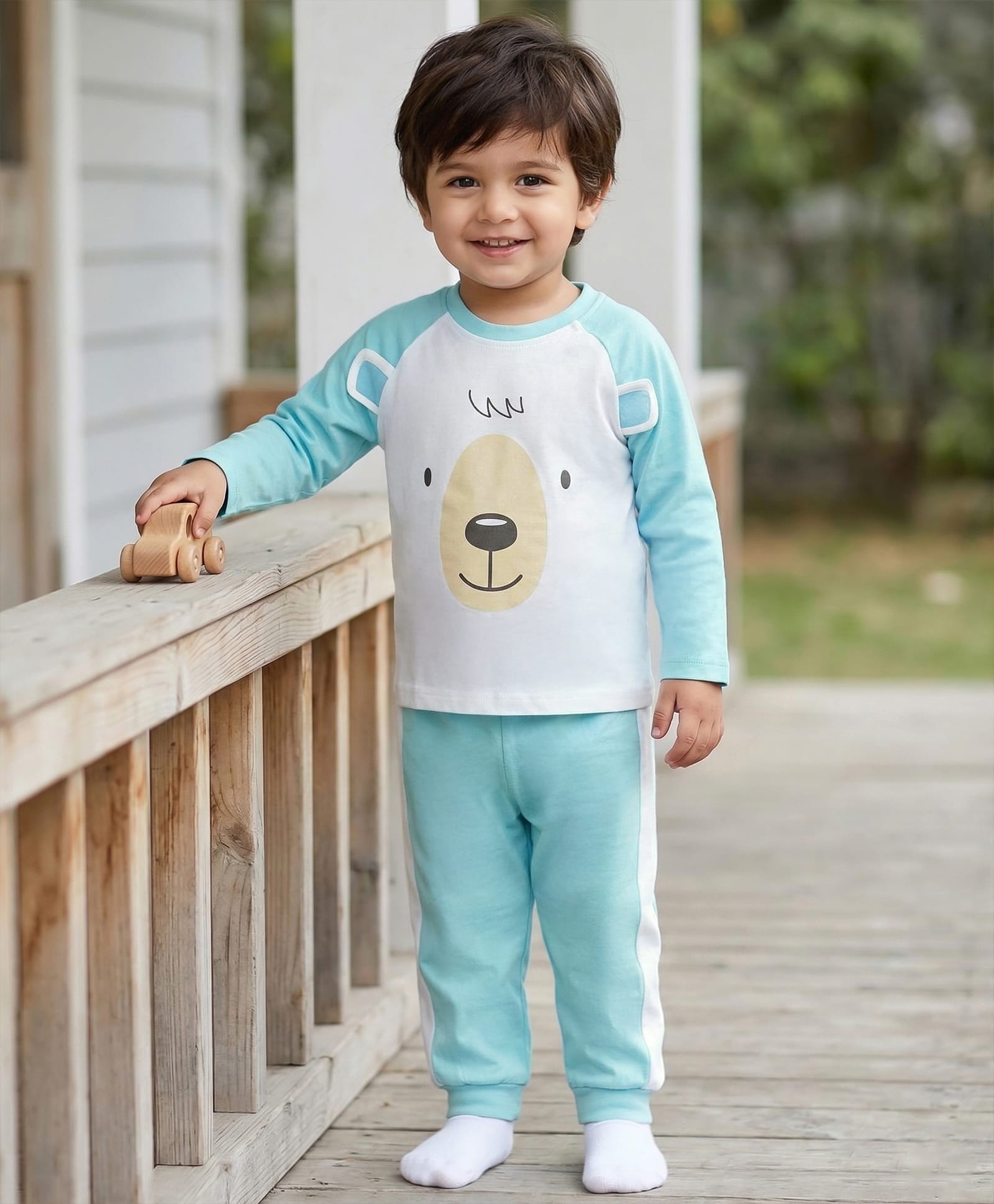 Babyhug Cotton Knit Full Raglan Sleeves T-Shirt & Pyjama Night Suit With Animal Print - Light Blue-picture-23