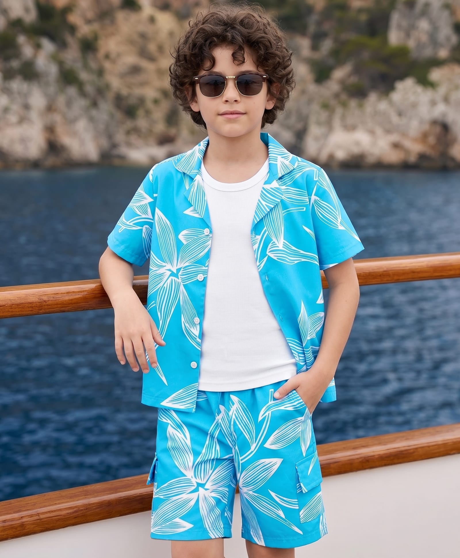 OLLINGTON ST. Cotton Knit Floral Printed Co-Ords Half Sleeves Shirt With Inner Tee & Shorts - Light Blue Multicolour & White-image-30