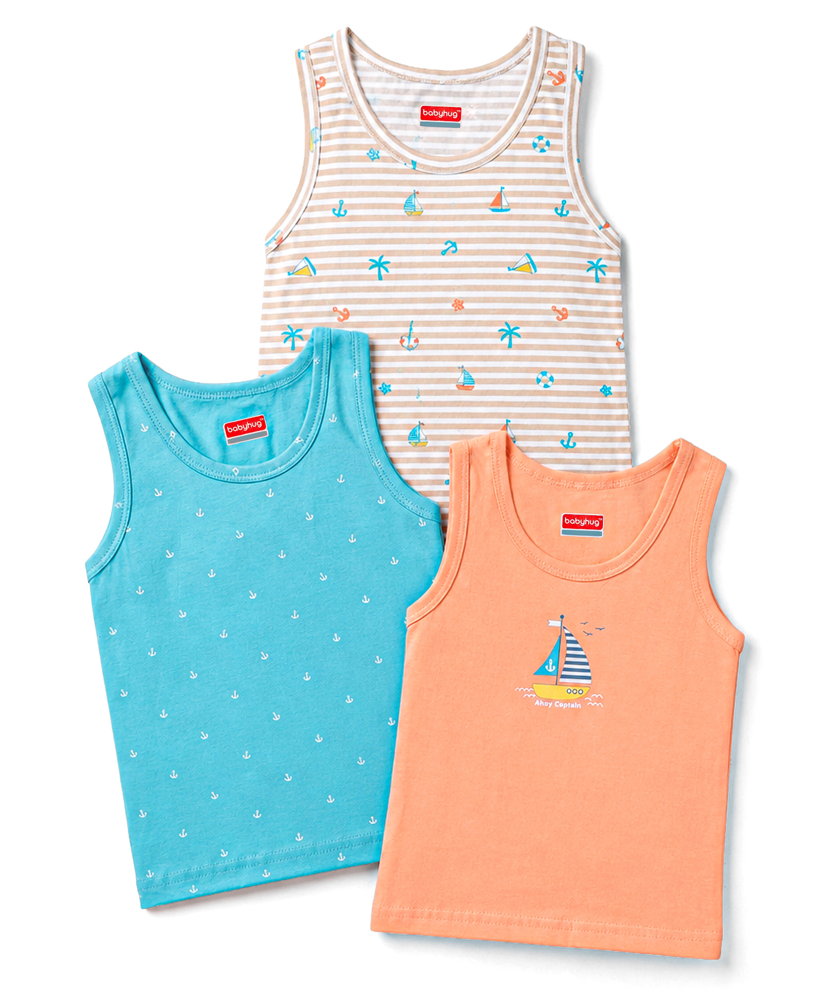 Babyhug 100% Cotton Knit Sleeveless Striped & Nautical Theme Printed Sando Vests Pack Of 3 - Multicolor-picture-22