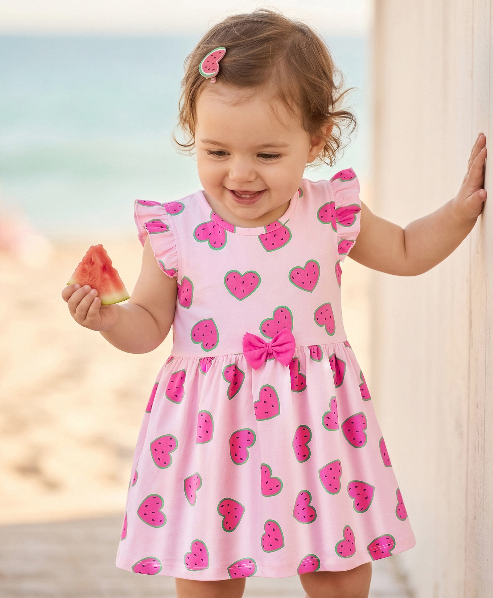 Doodle Poodle Single Jersey Knit Frill Sleeves Frock With Watermelon Print & Bow Applique - Pink-picture-34