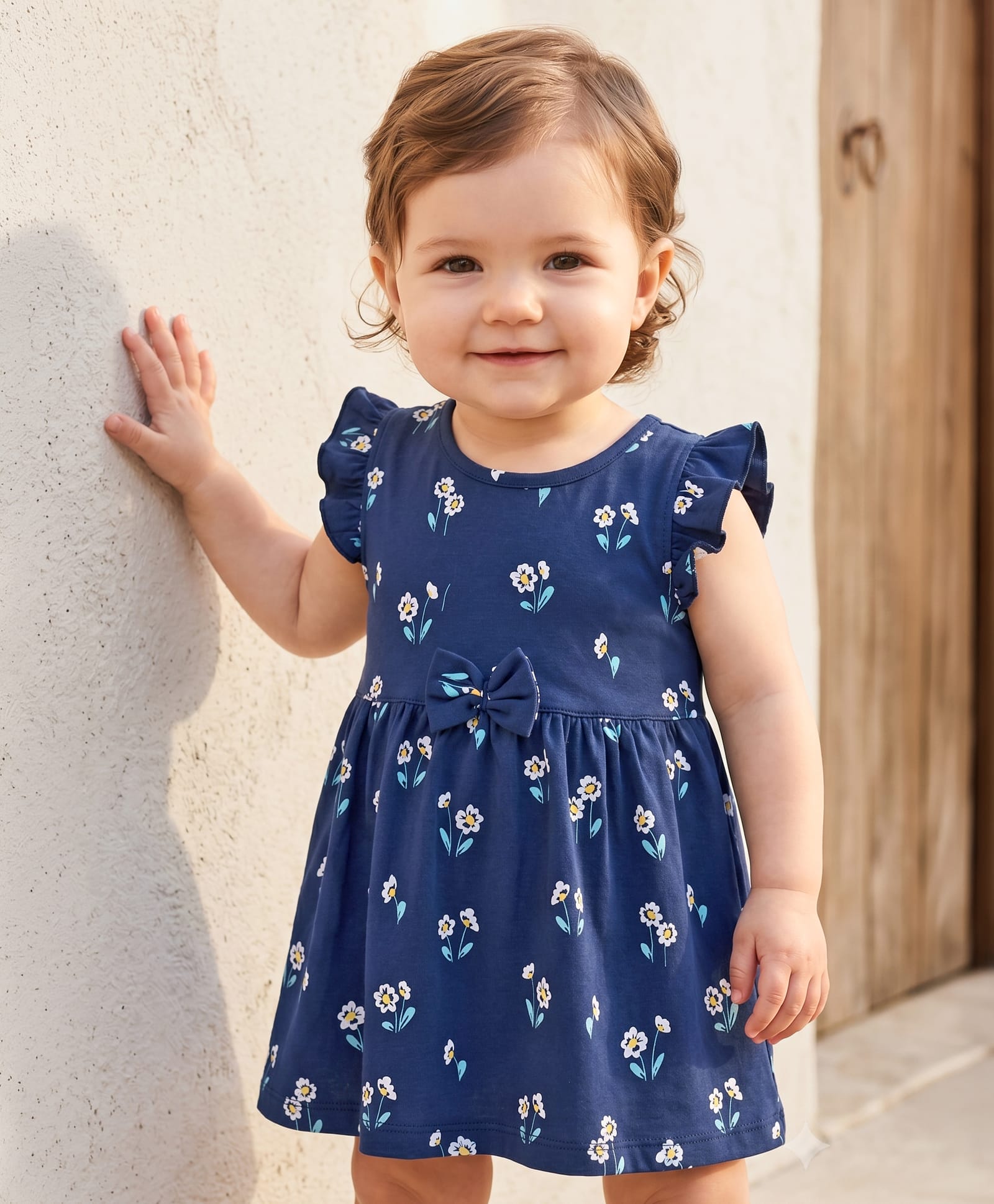 Doodle Poodle Single Jersey Knit Frill Sleeves Frock With Floral Print & Bow Applique - Navy Blue-picture-49