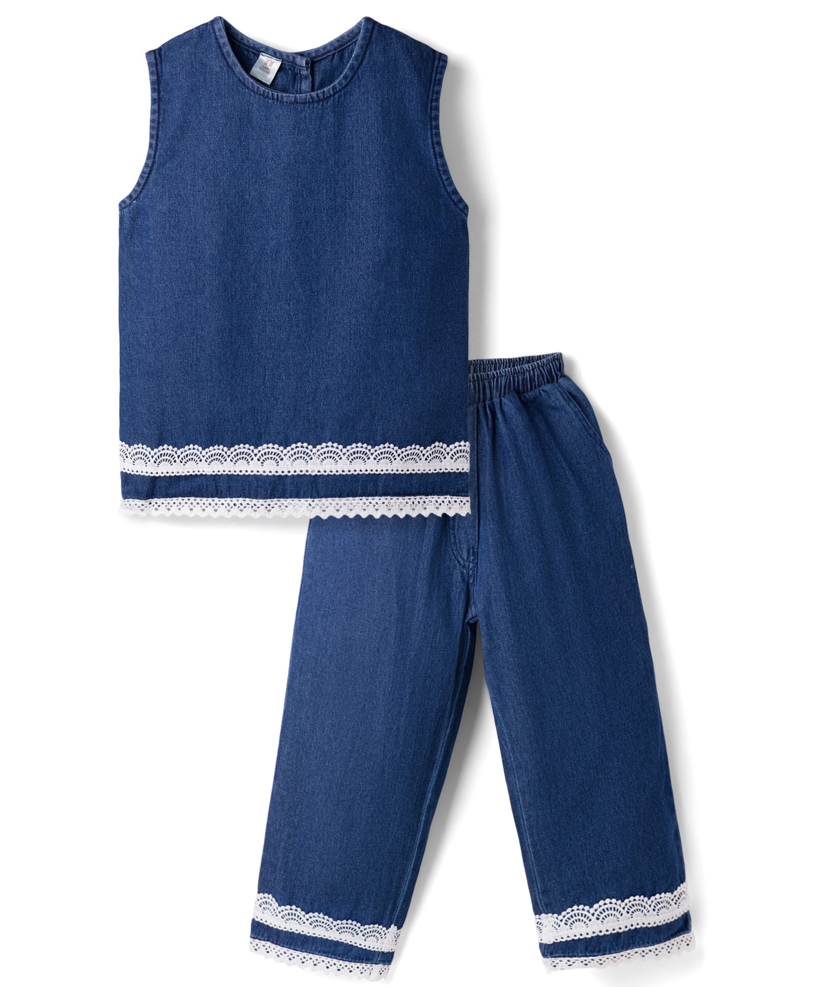 ToffyHouse Denim Sleeveless Top and Pants with Lace at Hem - Blue-image-3