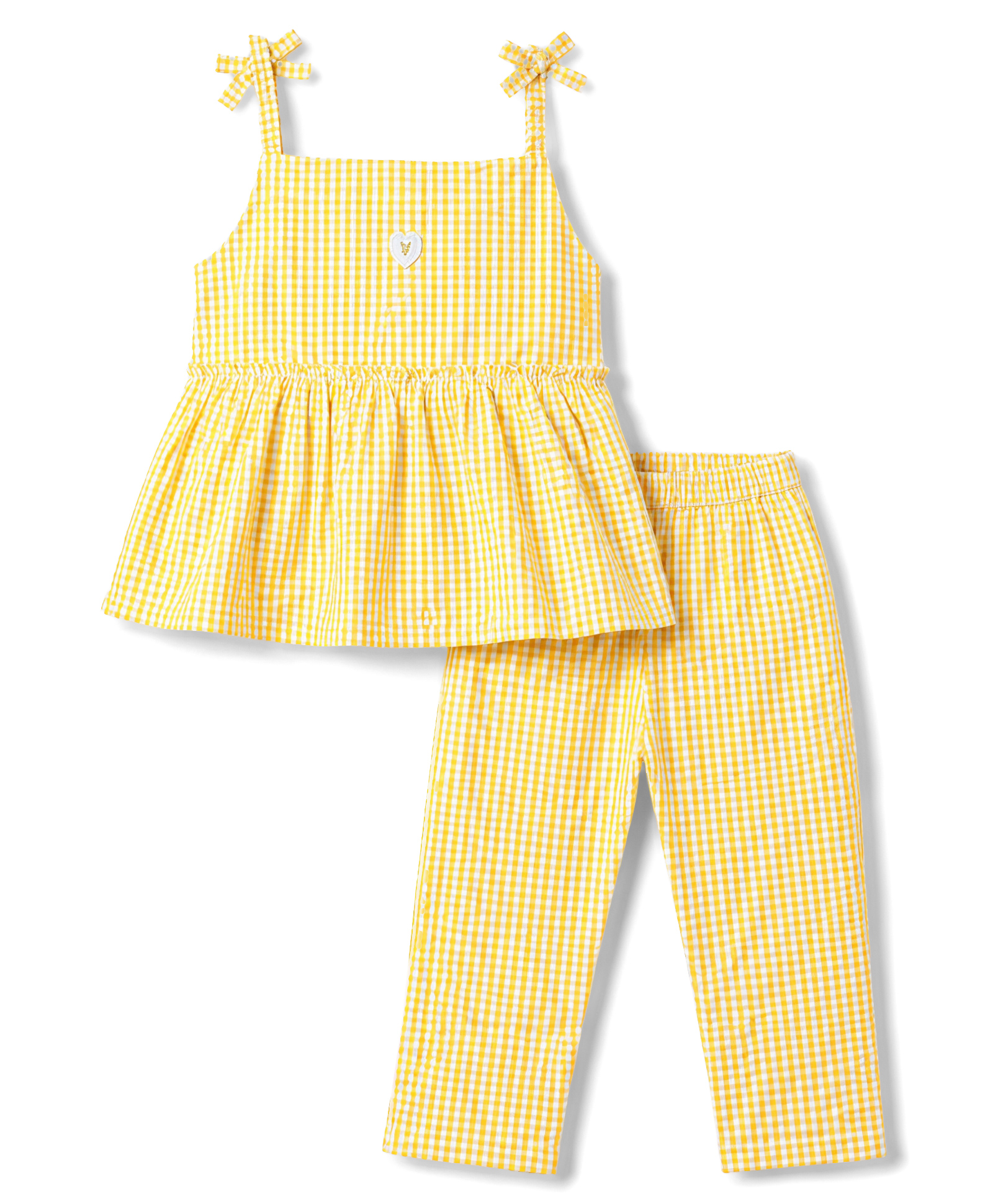 ToffyHouse Cotton Woven Sleeveless Checks Top & Pant With Bow Applique - Lemon Yellow-image-28