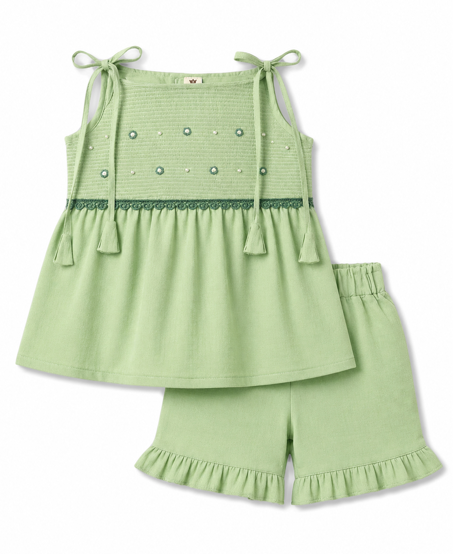 ToffyHouse Muslin Woven Sleeveless Top & Shorts Set With Pearl Embellishment - Green-image-13