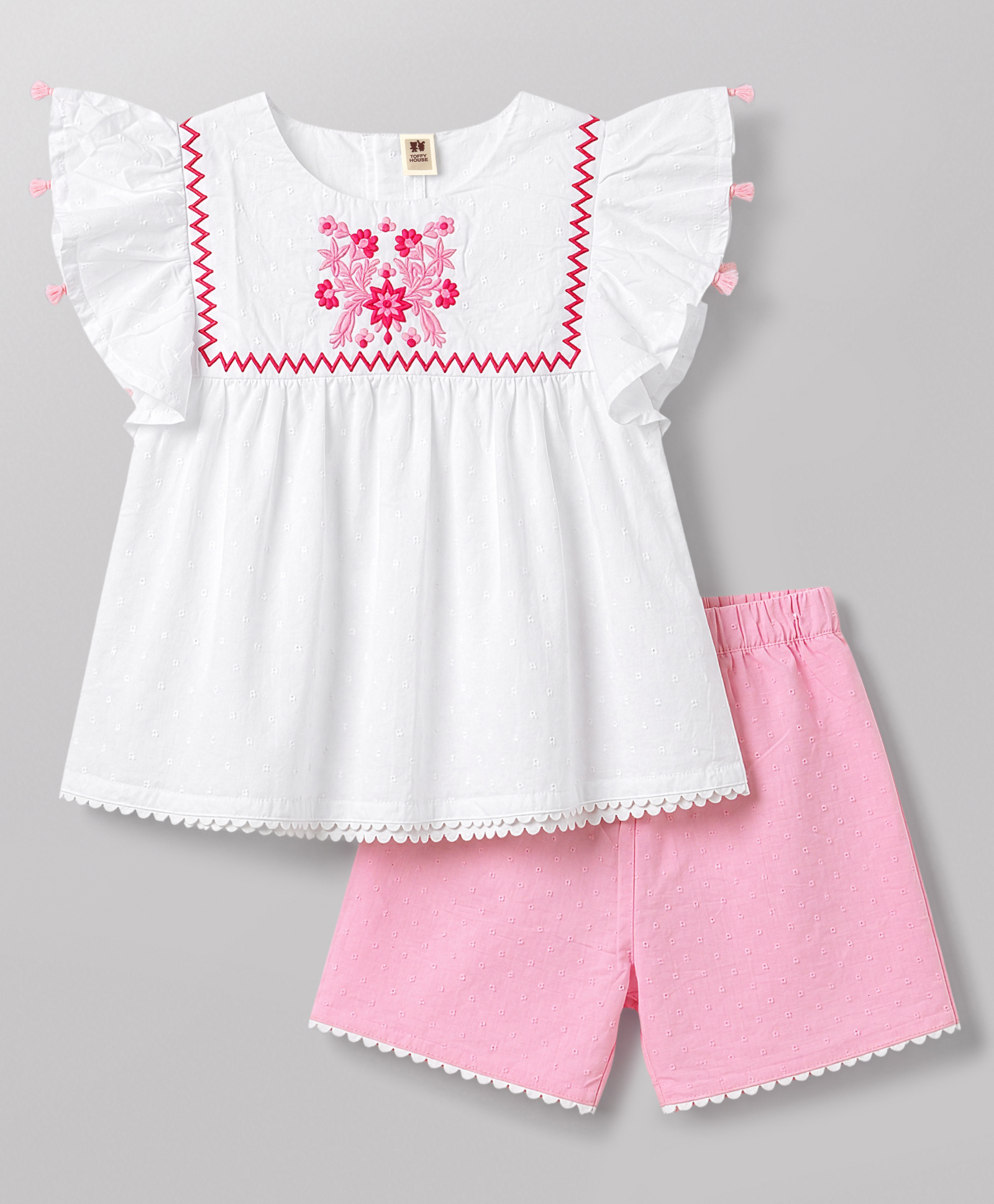ToffyHouse Cotton Woven Flutter Sleeves Top & Shorts Set Floral Embroidery - White & Pink-image-22