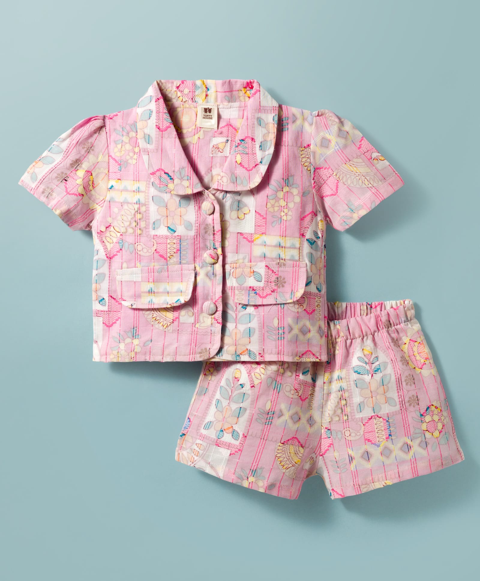 ToffyHouse Jacquard Woven Half Sleeves Co-ords Top & Shorts Set with Floral Print - Multicolor-picture-2