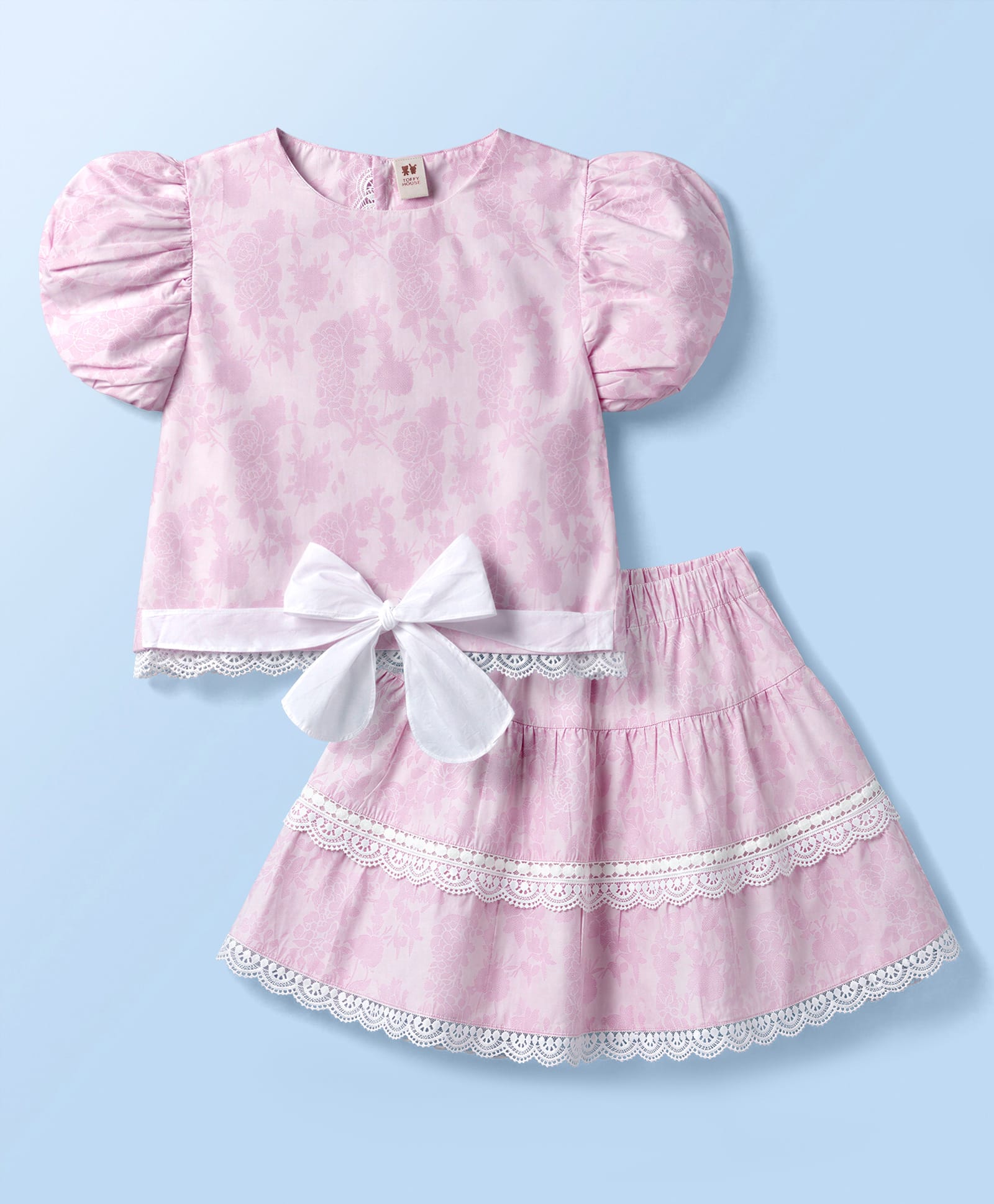 ToffyHouse Cotton Woven Half Sleeves Floral Printed Tops & Skirts Set With Lace Knitted Co-ord Set- Pink-image-45