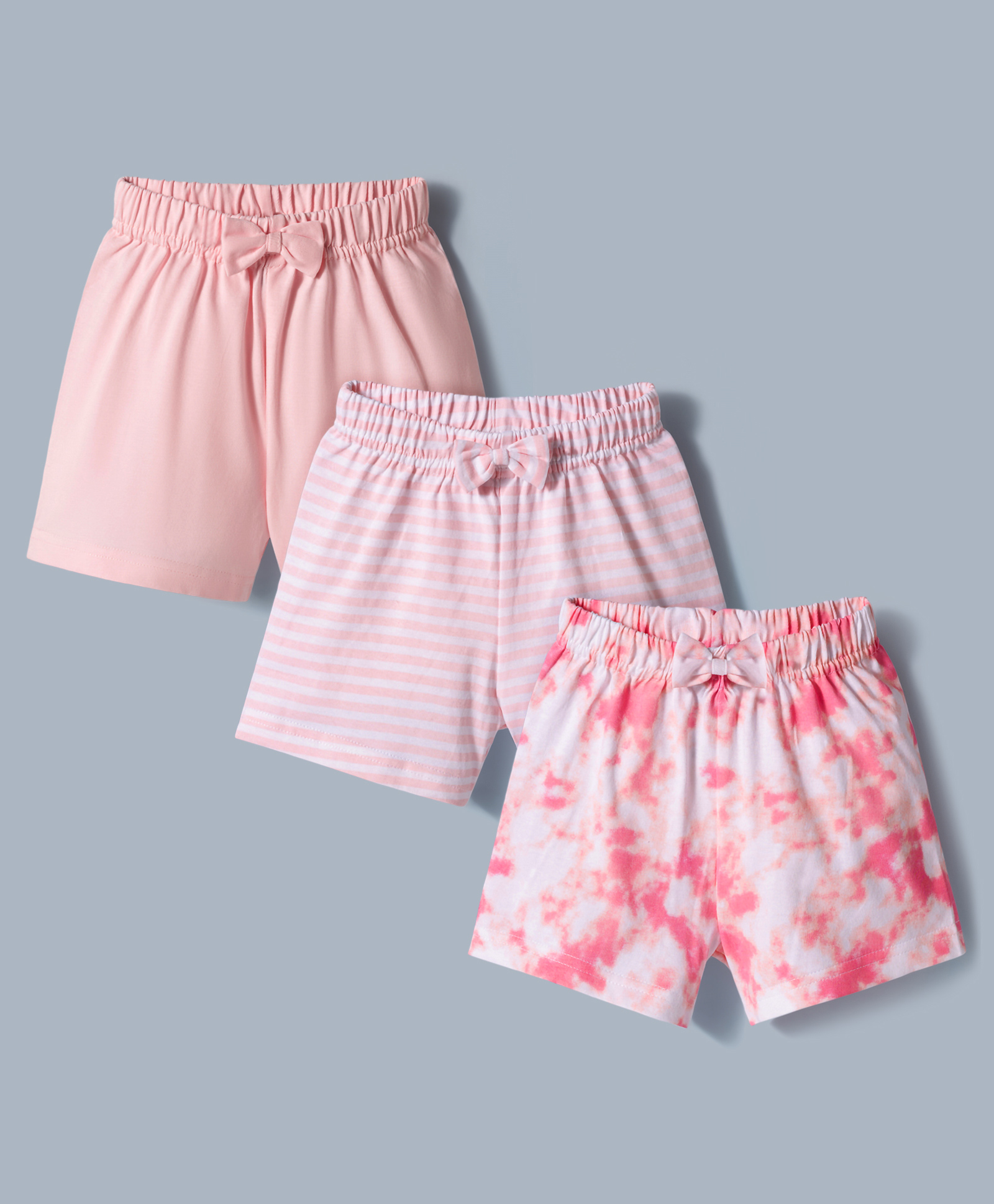 kookie kids india Kookie Kids Interlock Knit Striped & Printed Shorts With Bow Applique Pack of 3 - Multicolor-picture-29