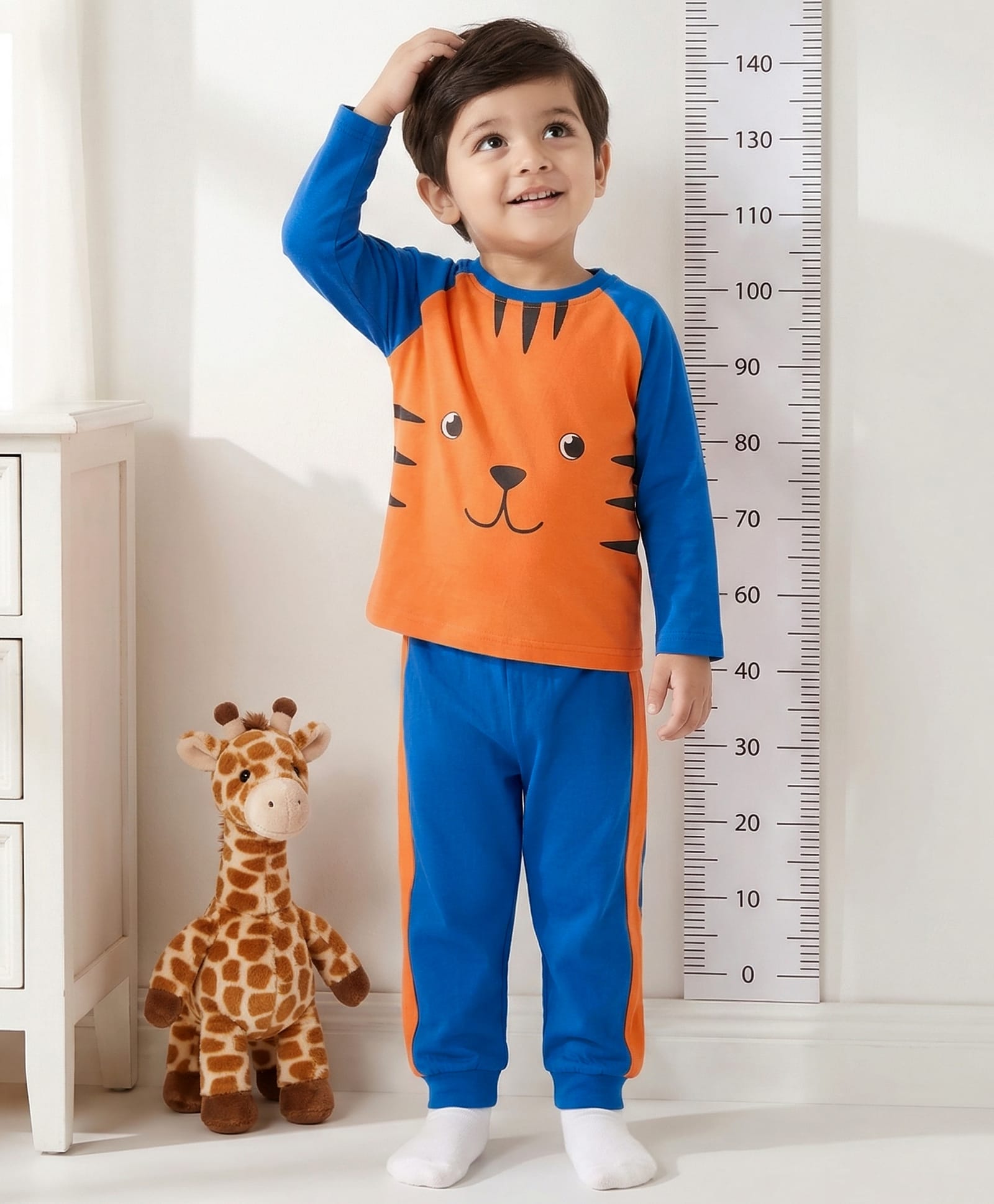 Babyhug Cotton Knit Raglan Full Sleeves T-Shirt & Pyjama Night-Suit With Tiger Print - Orange & Blue-image-43