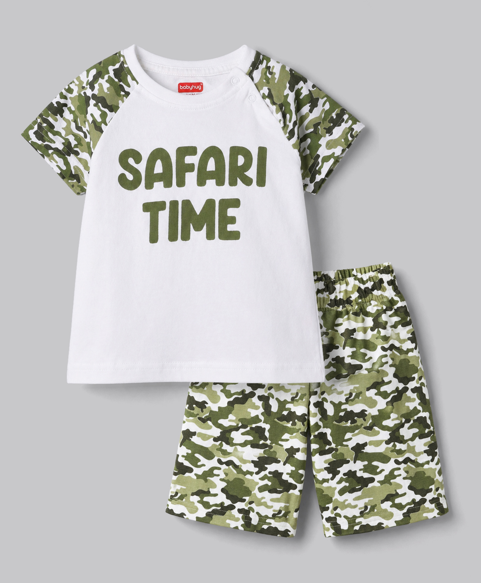 Babyhug Cotton Knit Half Raglan Sleeves Safari Theme & Camouflage Printed T-Shirt & Shorts Night Suit - White & Olive Green-image-44