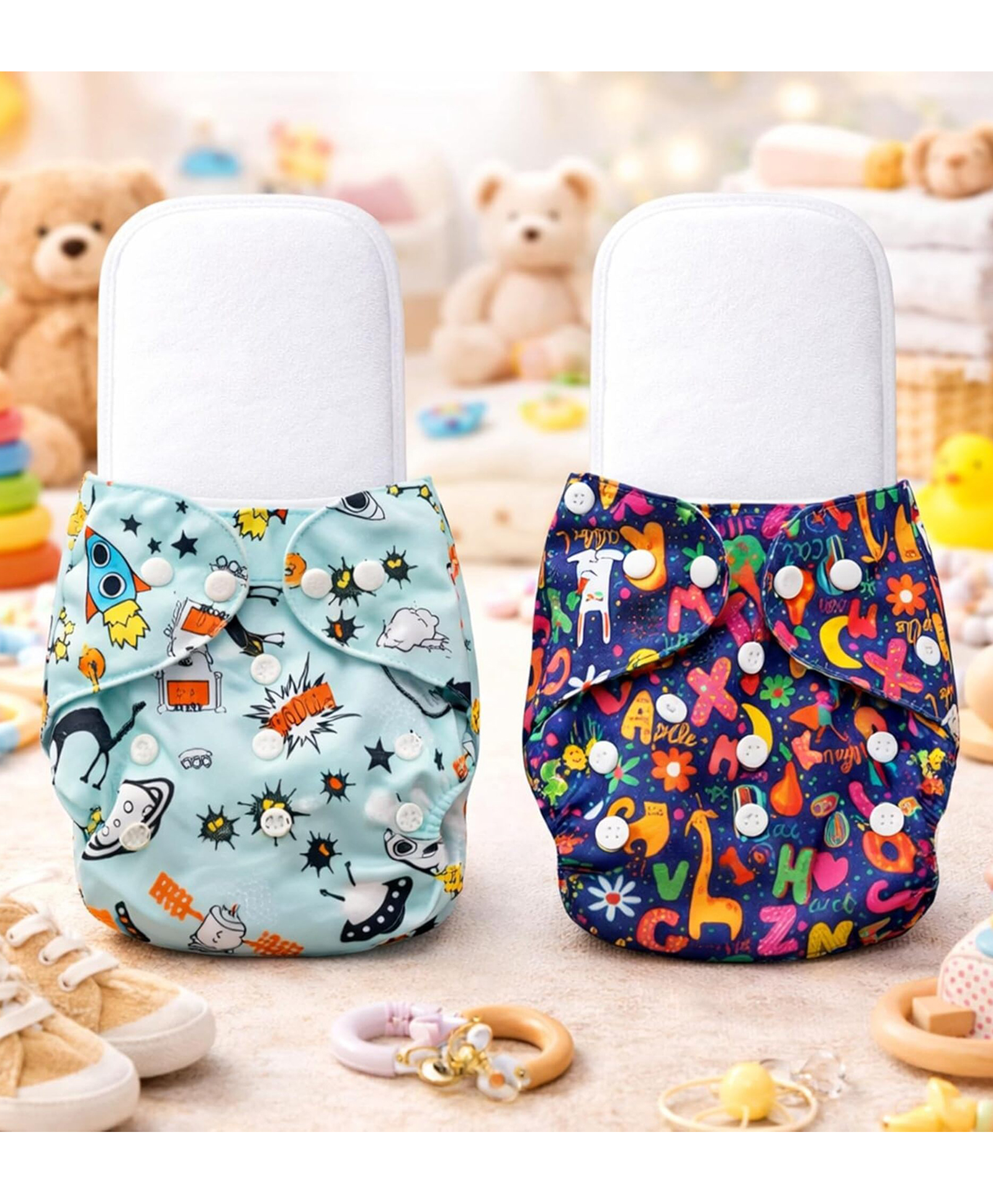 Aerex Premium Reusable Baby Cloth Diaper Printed 2 Cloth Diapers With 2 White Insert Pad Leak Proof & Washable For 0 to 3 Years | Adjustable Pocket Cloth Diaper Nappies (Multicolor)-image-21