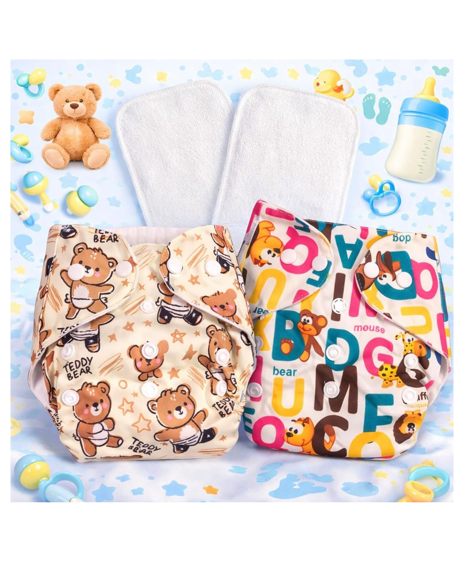 Aerex Premium Reusable Baby Cloth Diaper Printed 2 Cloth Diapers With 2 White Insert Pad Leak Proof & Washable For 0 to 3 Years | Adjustable Pocket Cloth Diaper Nappies (Multicolor)-image-49