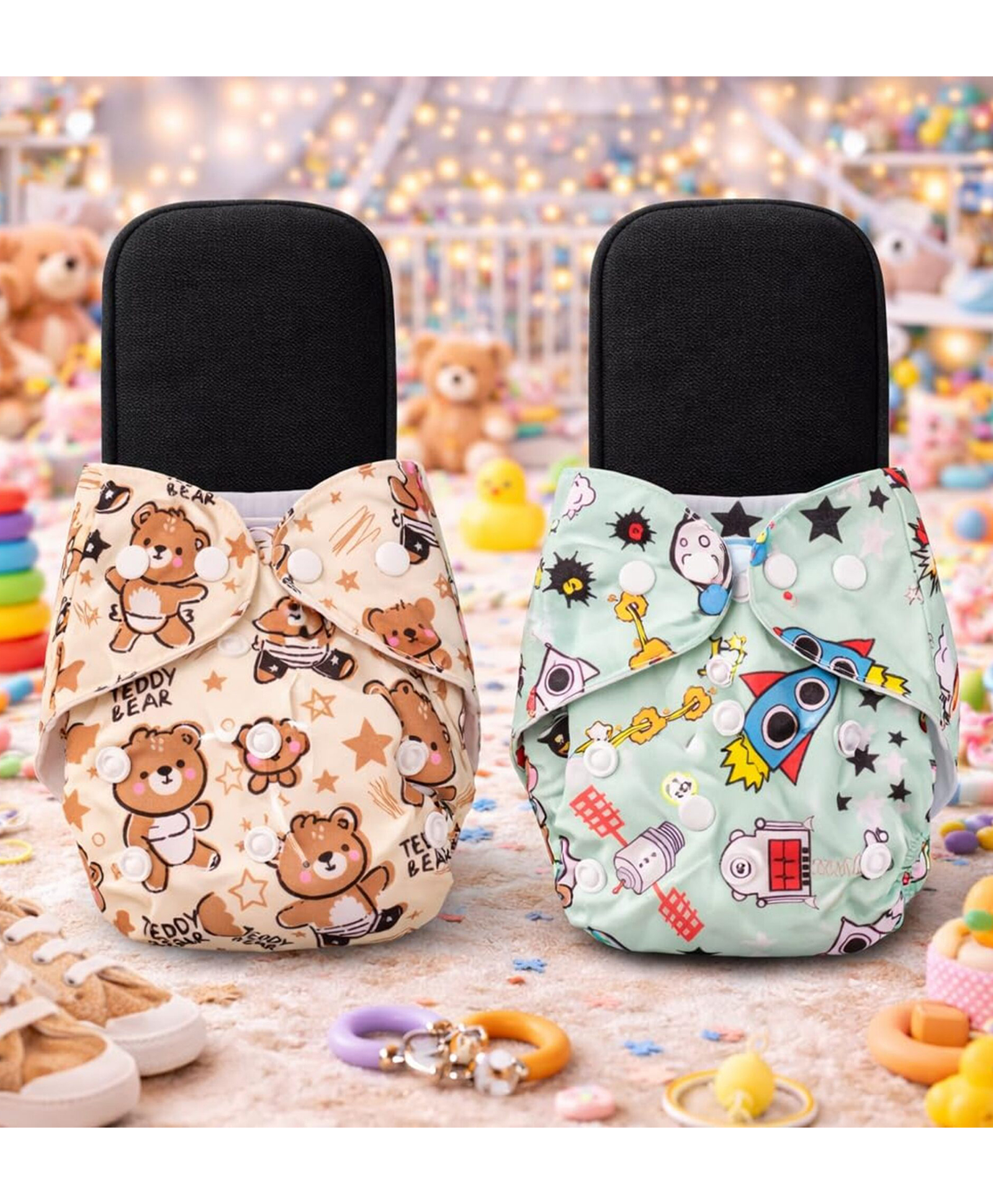 AEREX Premium Reusable Baby Printed 2 Cloth Diapers With 2 Black Insert Pad | Leak Proof Washable Diapers For 0 to 3 Years | Adjustable Pocket Cloth Diaper Nappies (Multicolor)-image-42