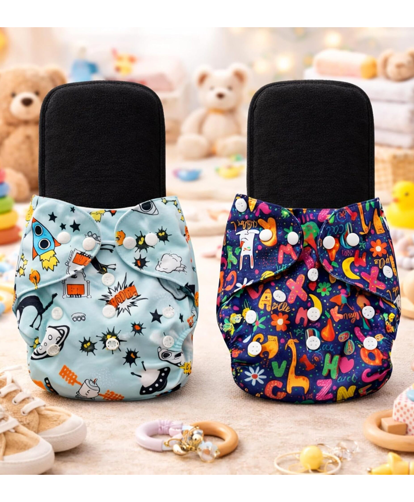 AEREX Premium Reusable Baby Printed 2 Cloth Diapers With 2 Black Insert Pad | Leak Proof Washable Diapers For 0 to 3 Years | Adjustable Pocket Cloth Diaper Nappies (Multicolor)-image-44