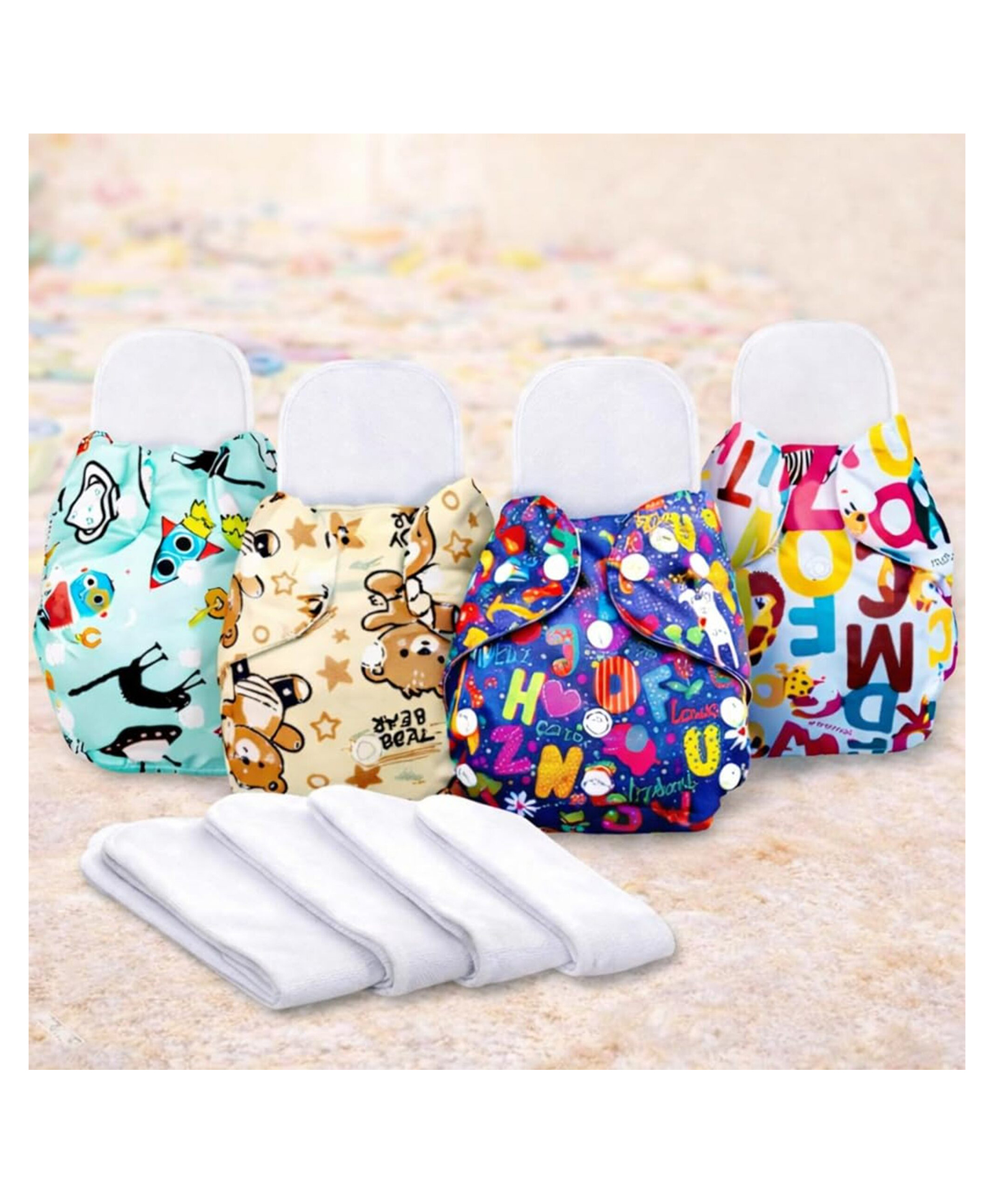 AEREX Premium Reusable Baby Printed 4 Cloth Diapers With 4 White Insert Pad | Leak Proof Washable Diapers For 0 to 3 Years | Adjustable Pocket Cloth Diaper Nappies (Multicolor)-image-38