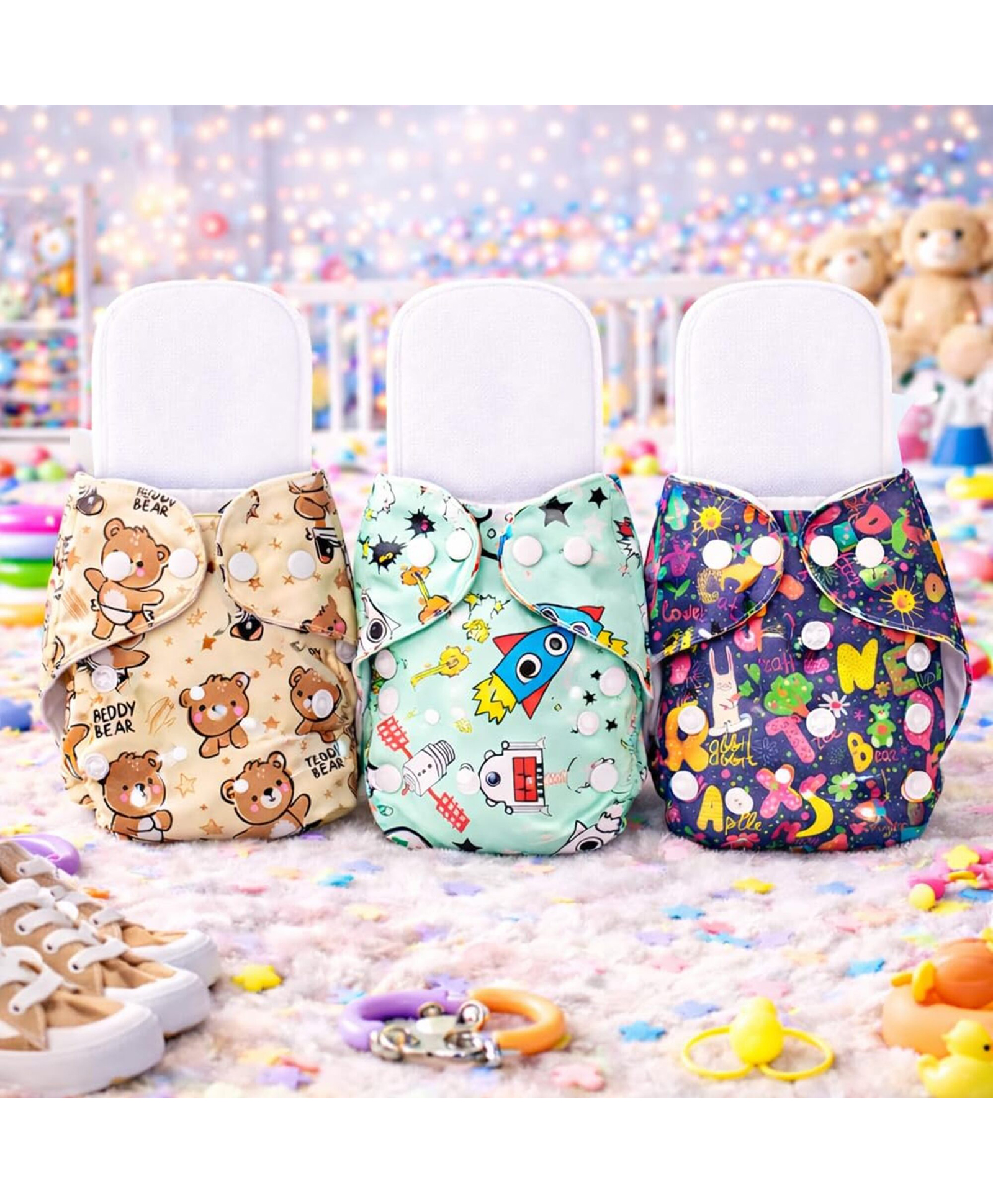 AEREX Premium Reusable Baby Printed 3 Cloth Diapers With 3 White Insert Pad | Leak Proof Washable Diapers For 0 to 3 Years | Adjustable Pocket Cloth Diaper Nappies (Multicolor)