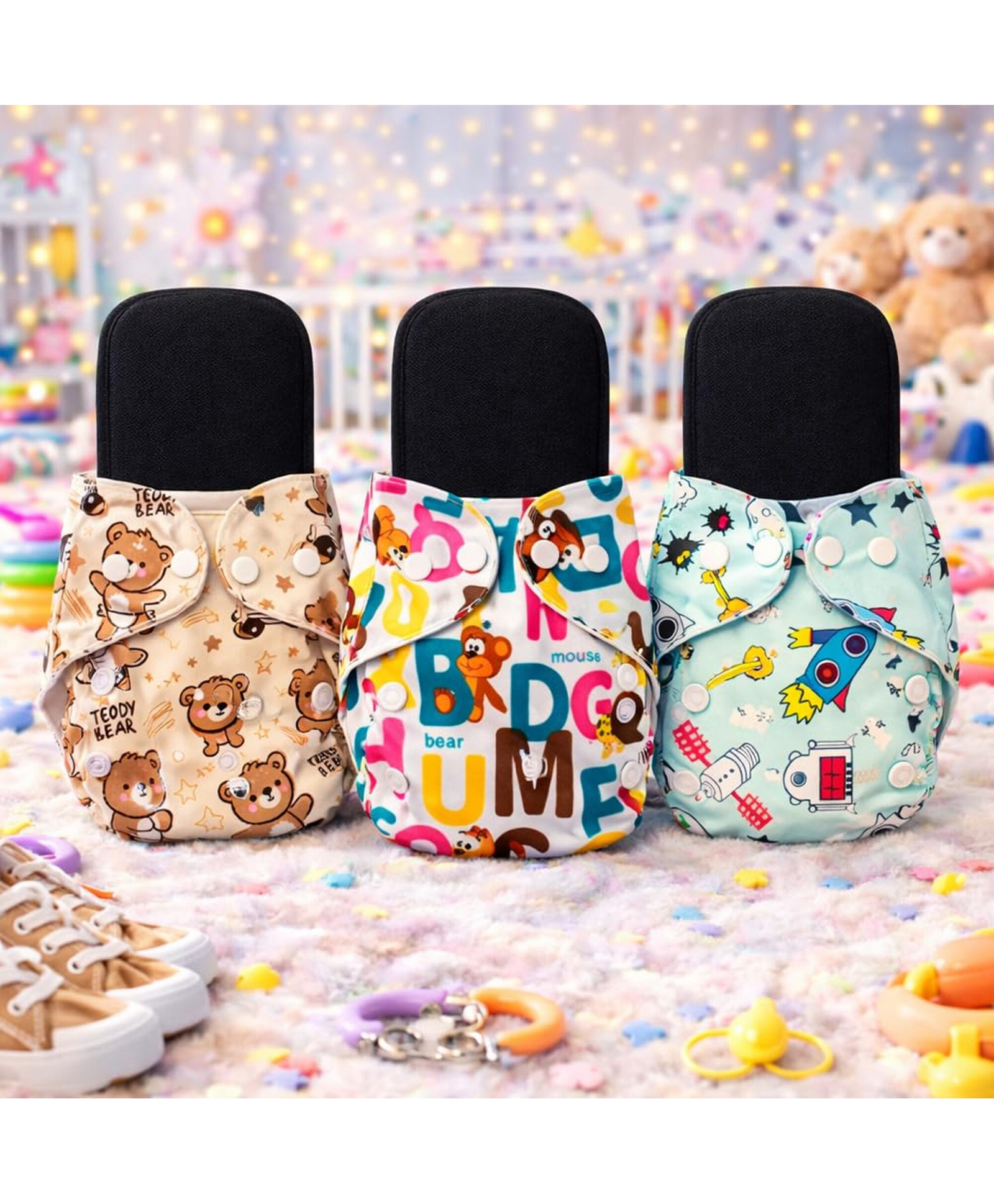 AEREX Premium Reusable Baby Printed 3 Cloth Diapers For 0 to 3 Years With 3 Black Insert Pad | Leak Proof Washable Diapers For New Born Babies | Adjustable Pocket Cloth Diaper Nappies (Multicolor)-image-27