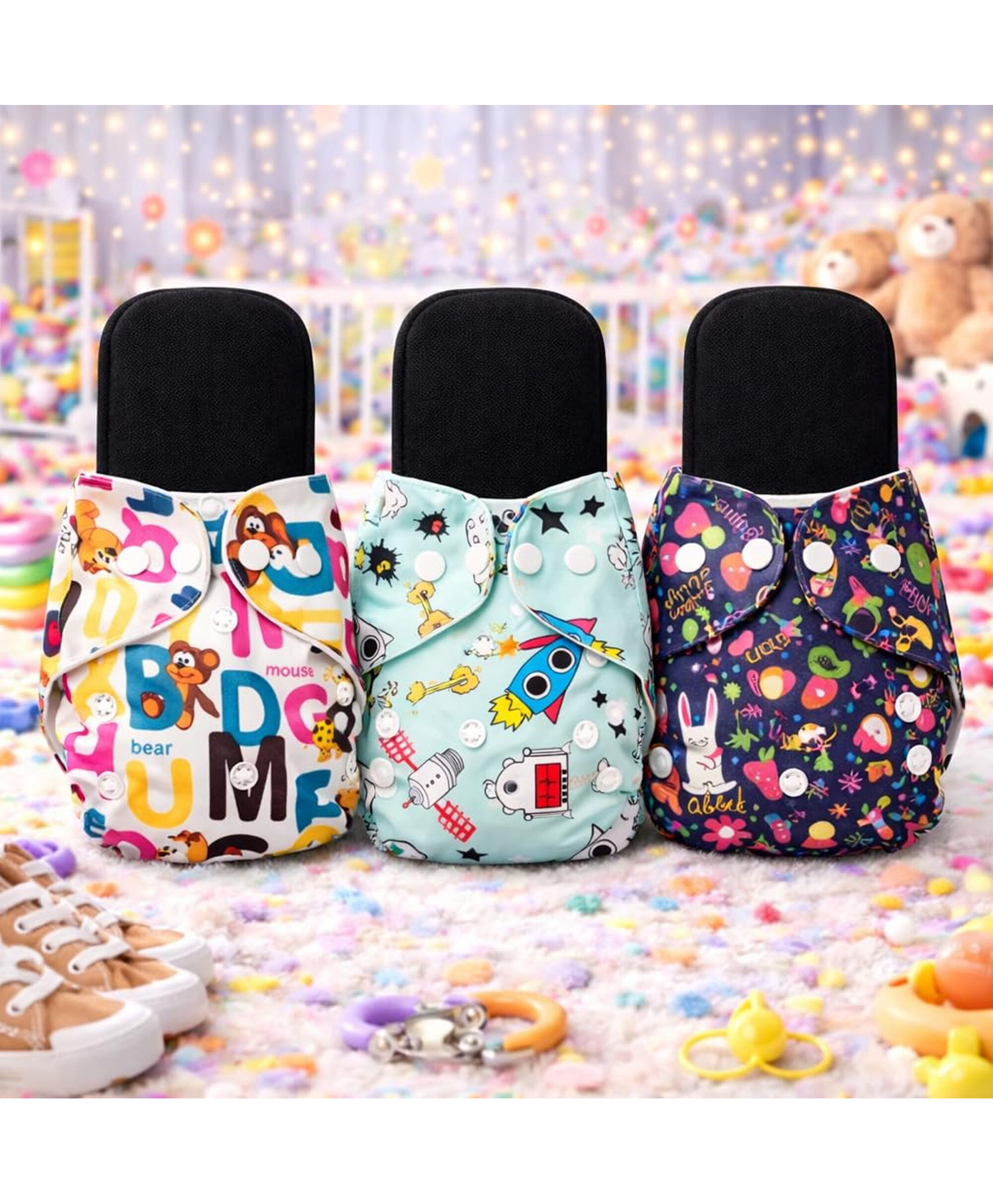 AEREX Premium Reusable Baby Printed Cloth Diapers For 0 to 3 Years With 3 Black Insert Pad | Leak Proof Washable Diapers For New Born Babies | Adjustable Pocket Cloth Diaper Nappies (Multicolor)-image-26