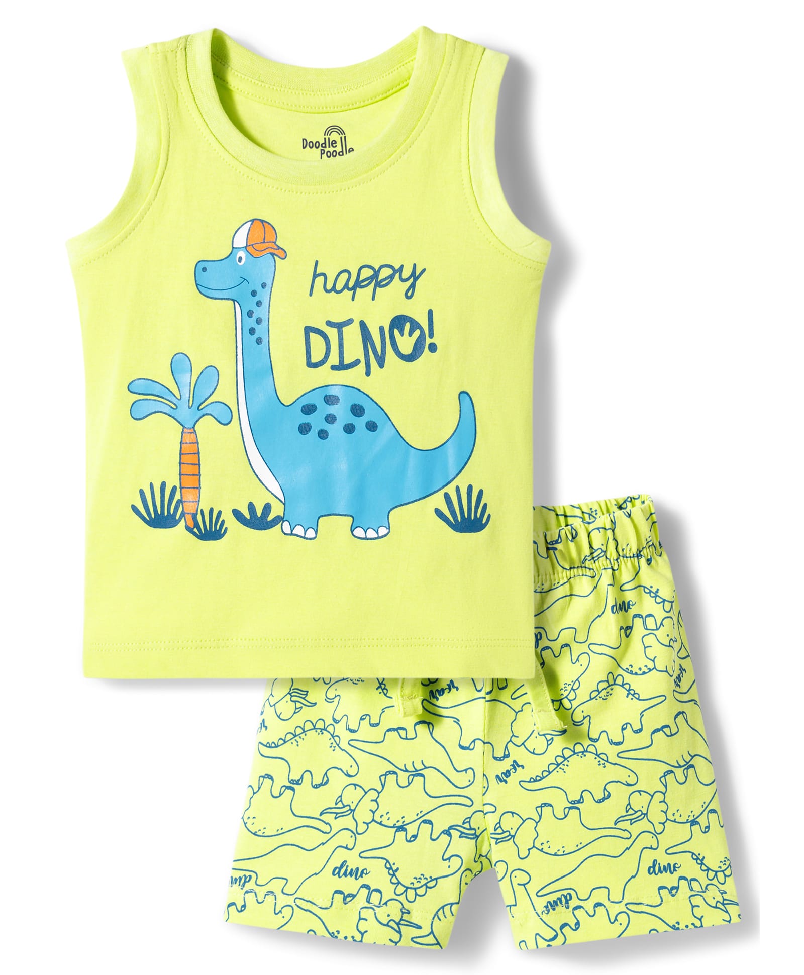 Doodle Poodle 100% Cotton Knit Sleeveless Dino Printed Tank T-Shirt & Shorts Night Suit - Lime Green-image-48
