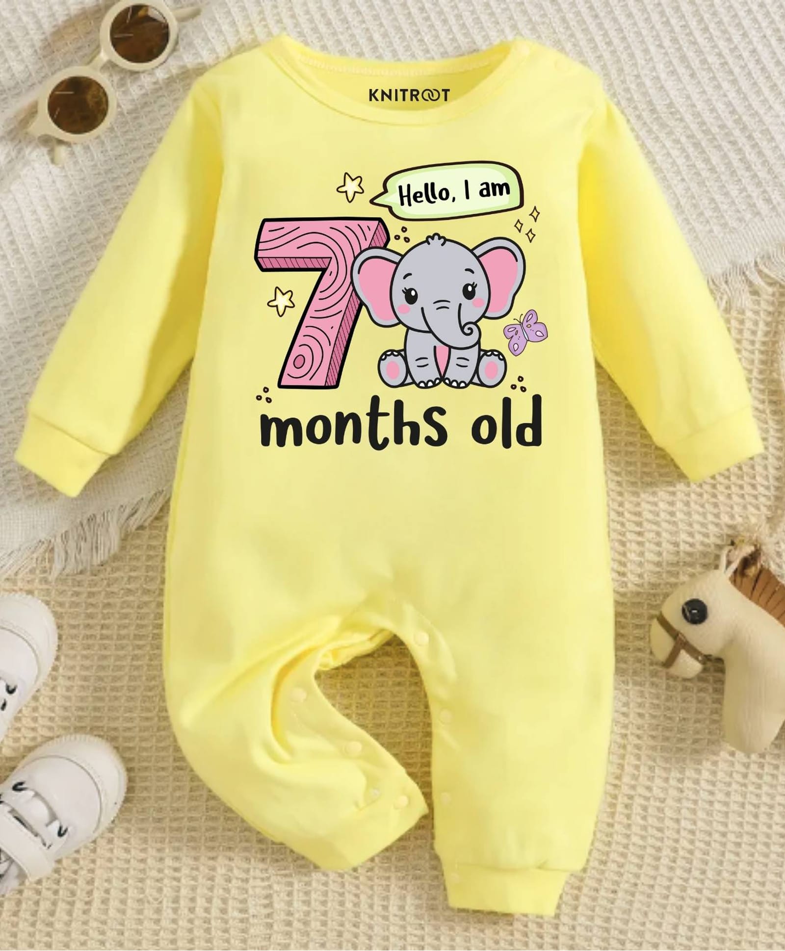 KNITROOT Cotton Knit Full Sleeves Hello I Am 7 Months Old Text Printed Romper - Yellow-image-49