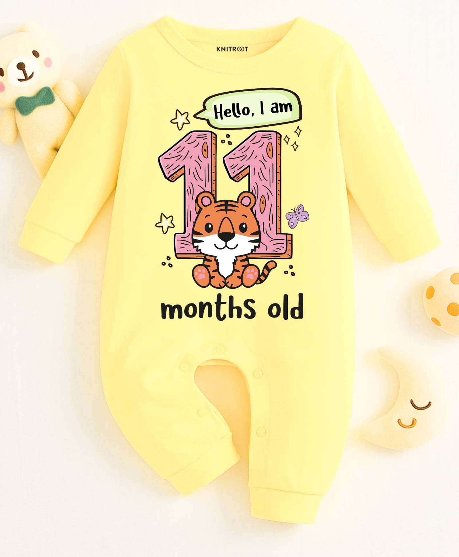 KNITROOT Cotton Knit Full Sleeves Hello I Am 11 Months Old Text Printed Romper - Yellow-image-45