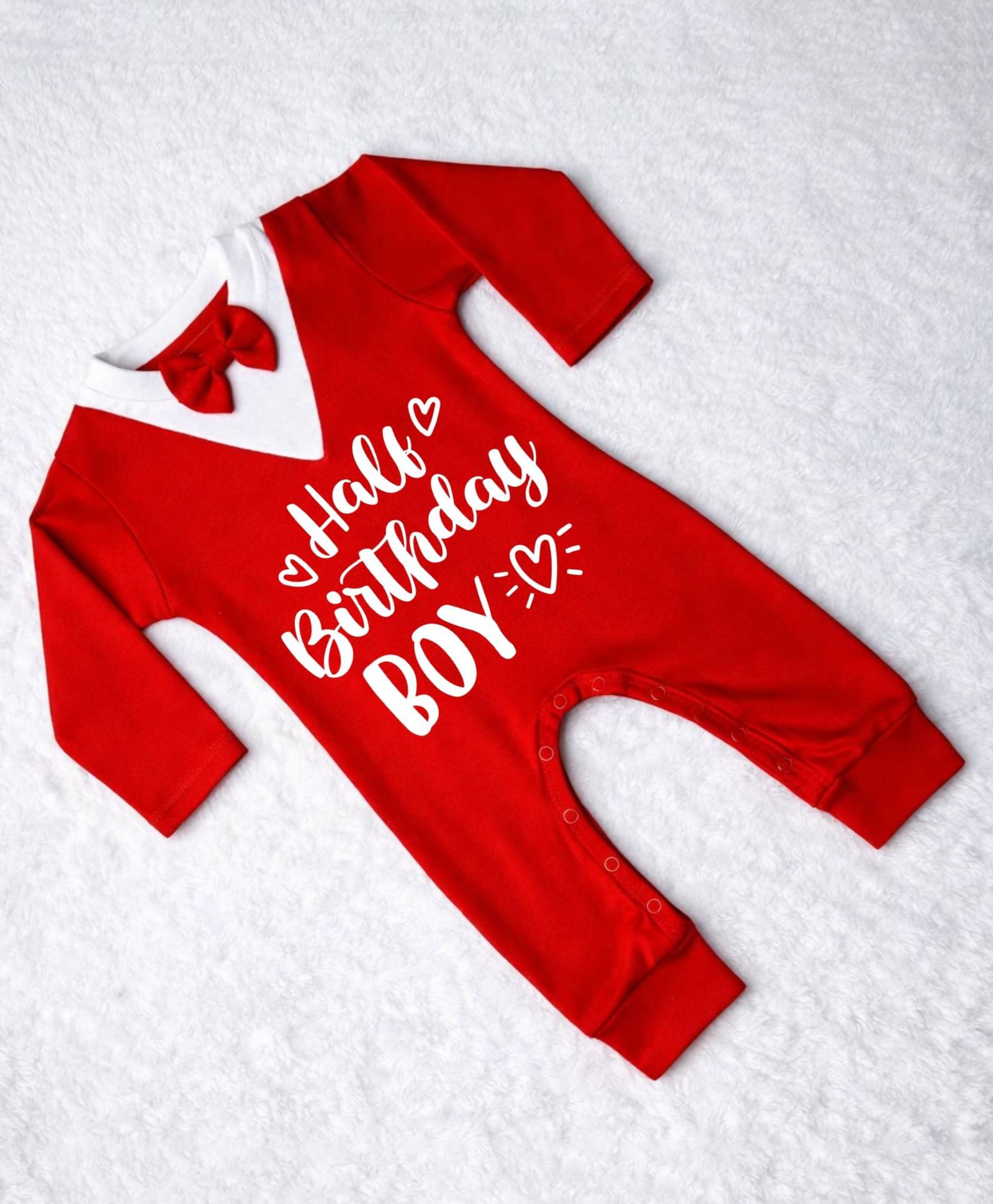 KNITROOT Cotton Knit Full Sleeves Half Birthday Boy Text Printed Bow Applique Detailed Romper - Red & White-image-48