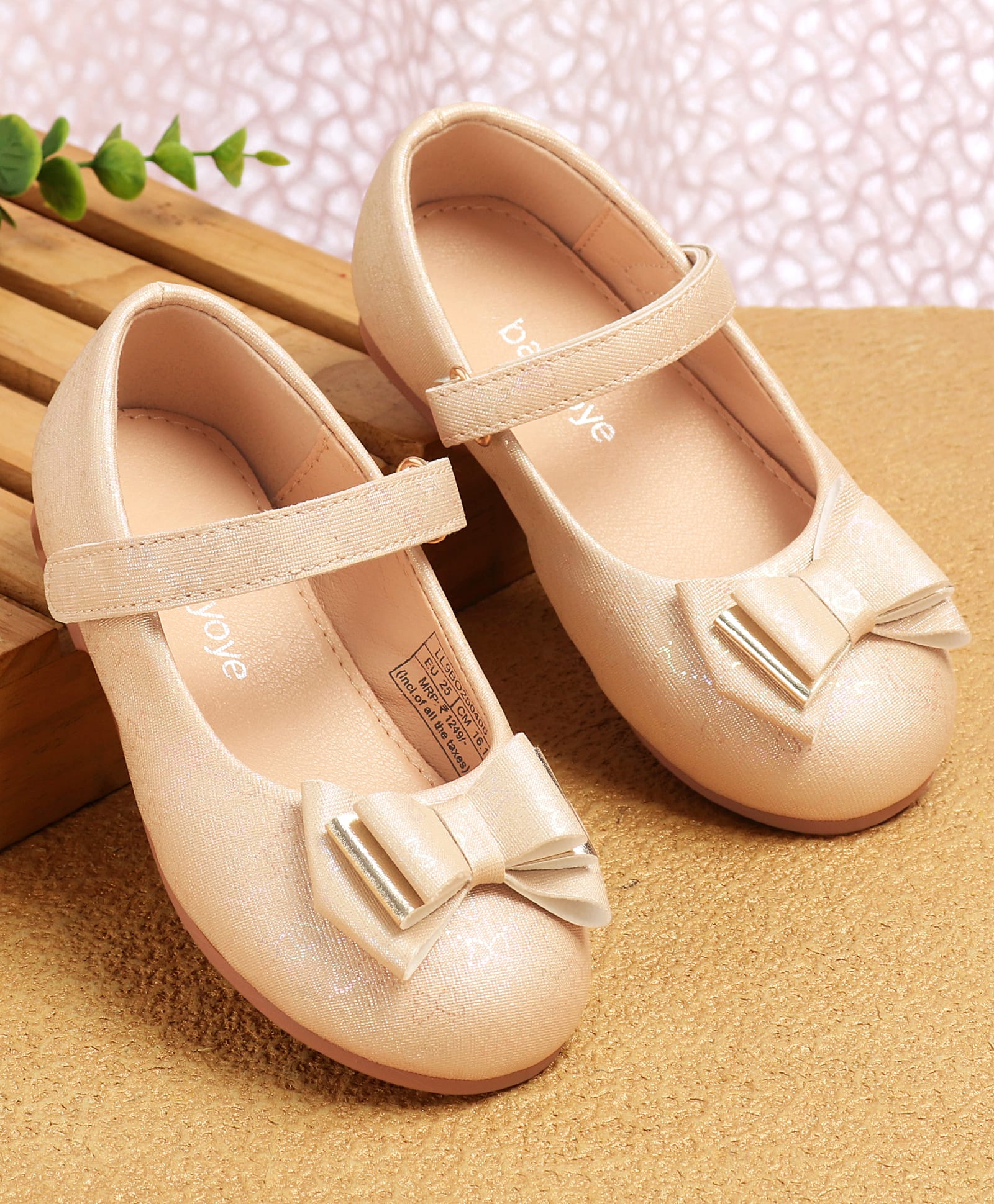 Babyoye Velcro Closure Ballerinas with Bow Applique - Golden-image-49