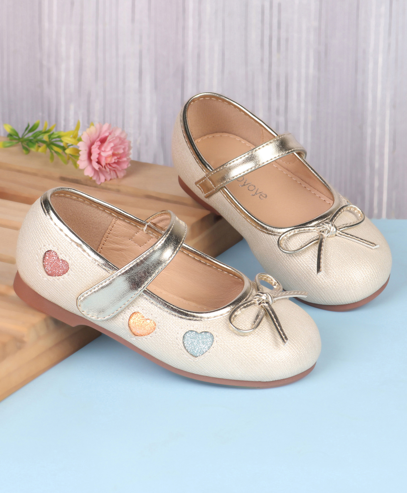 Babyoye Velcro Closure Closed Toe Ballerinas with Bow Applique & Heart Detailing - Golden-picture-22