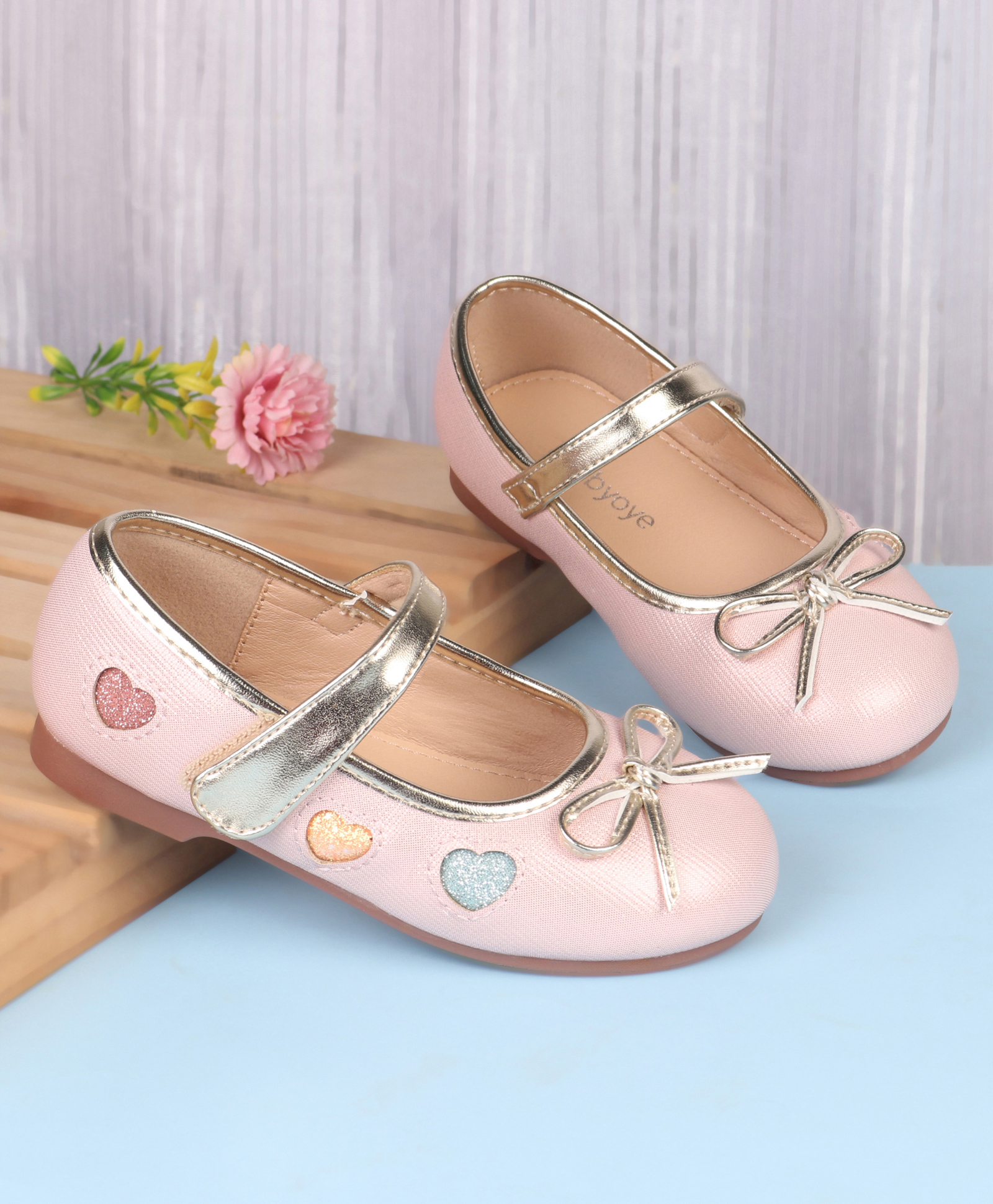 Babyoye Velcro Closure Closed Toe Ballerinas with Bow Applique & Heart Detailing - Pink-image-5