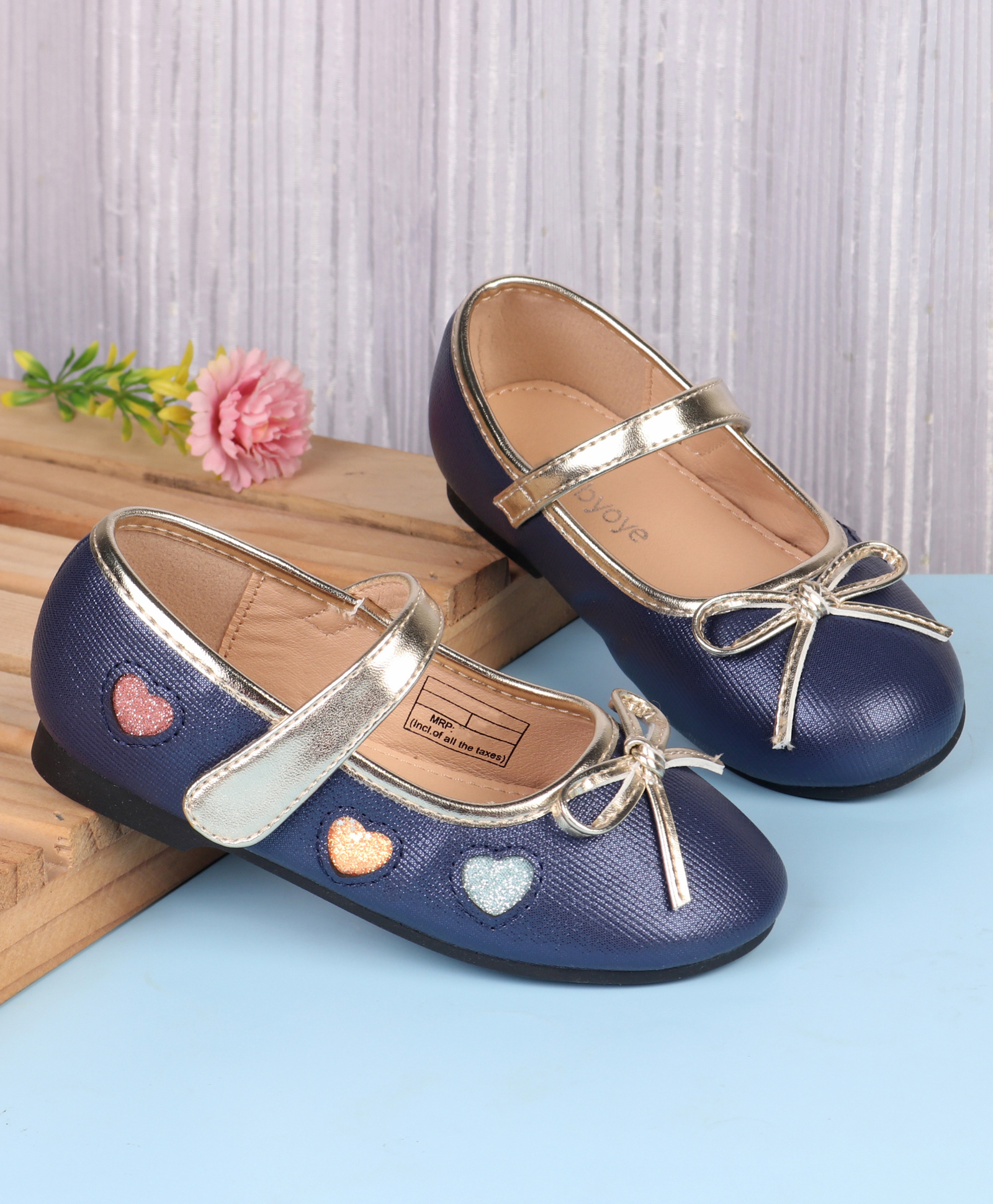 Babyoye Velcro Closure Closed Toe Ballerinas with Bow Applique & Heart Detailing - Navy Blue-image-29