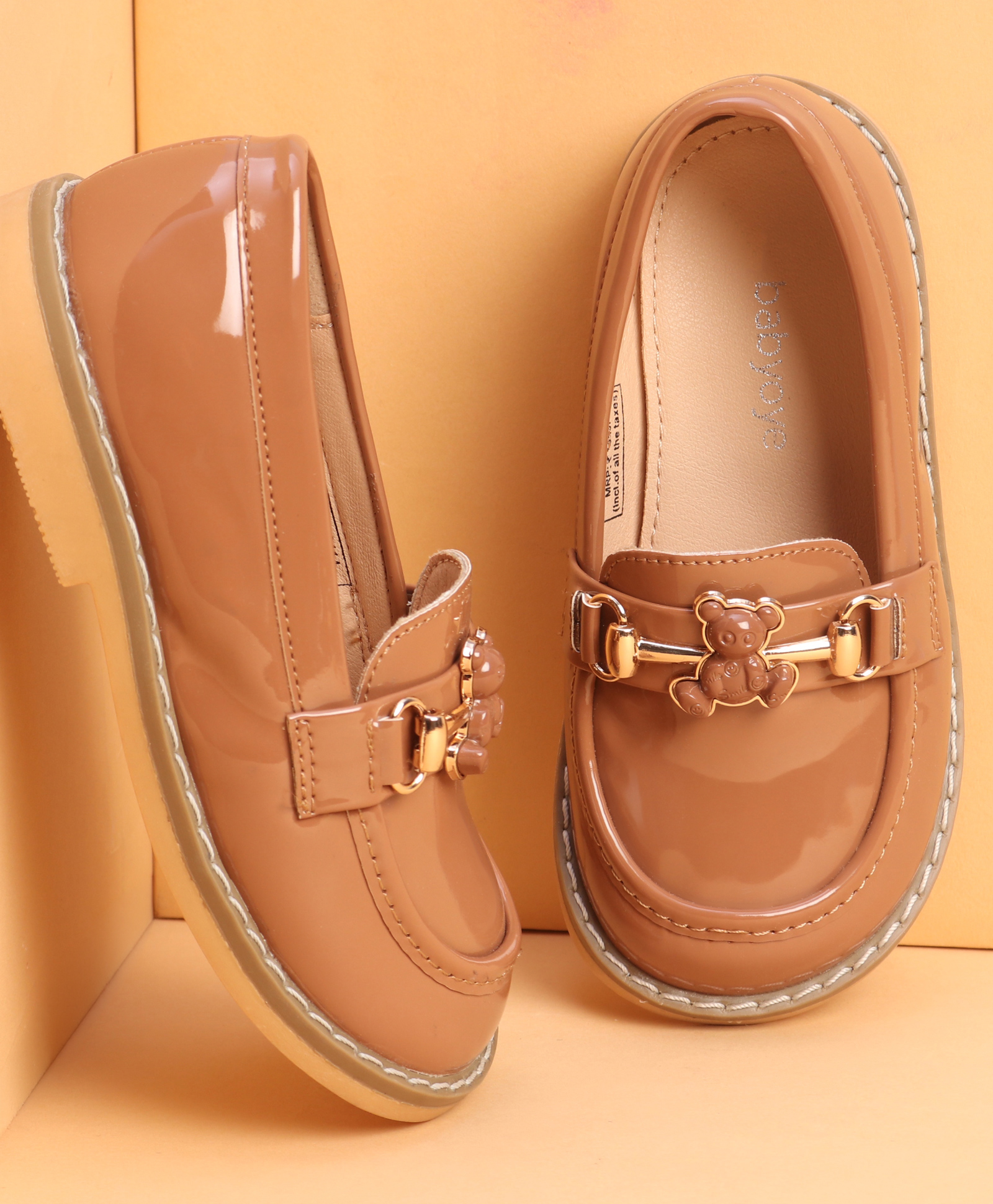 Babyoye Slip On Solid Oxford Shoes With Bear Applique - Light Brown-image-31