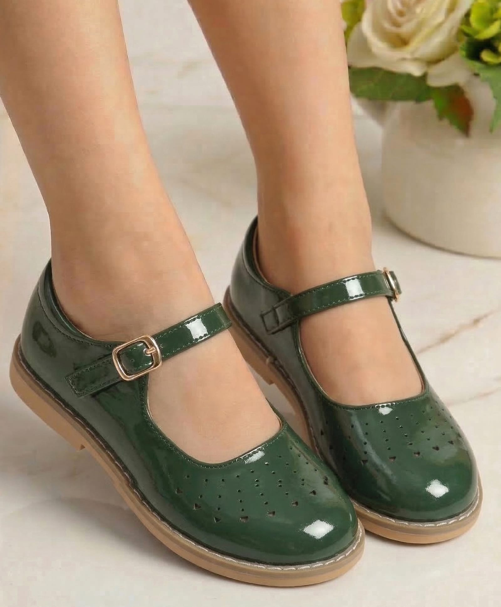 Babyoye Buckle Closure Closed Toe Ballerinas - Olive Green-image-16