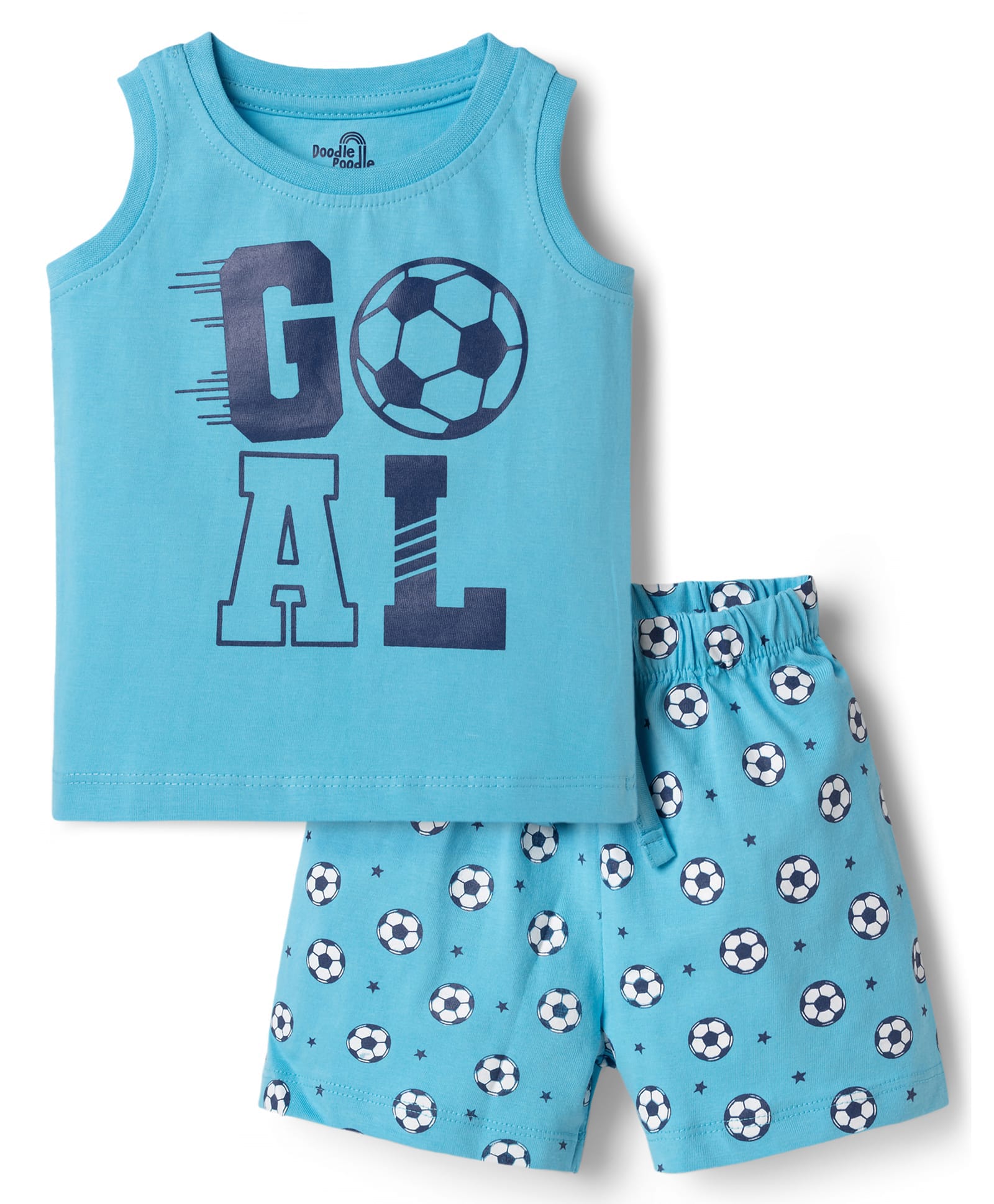 Doodle Poodle 100% Cotton Knit Sleeveless T-Shirt & Shorts Night Suit with Football Print - Blue-picture-37
