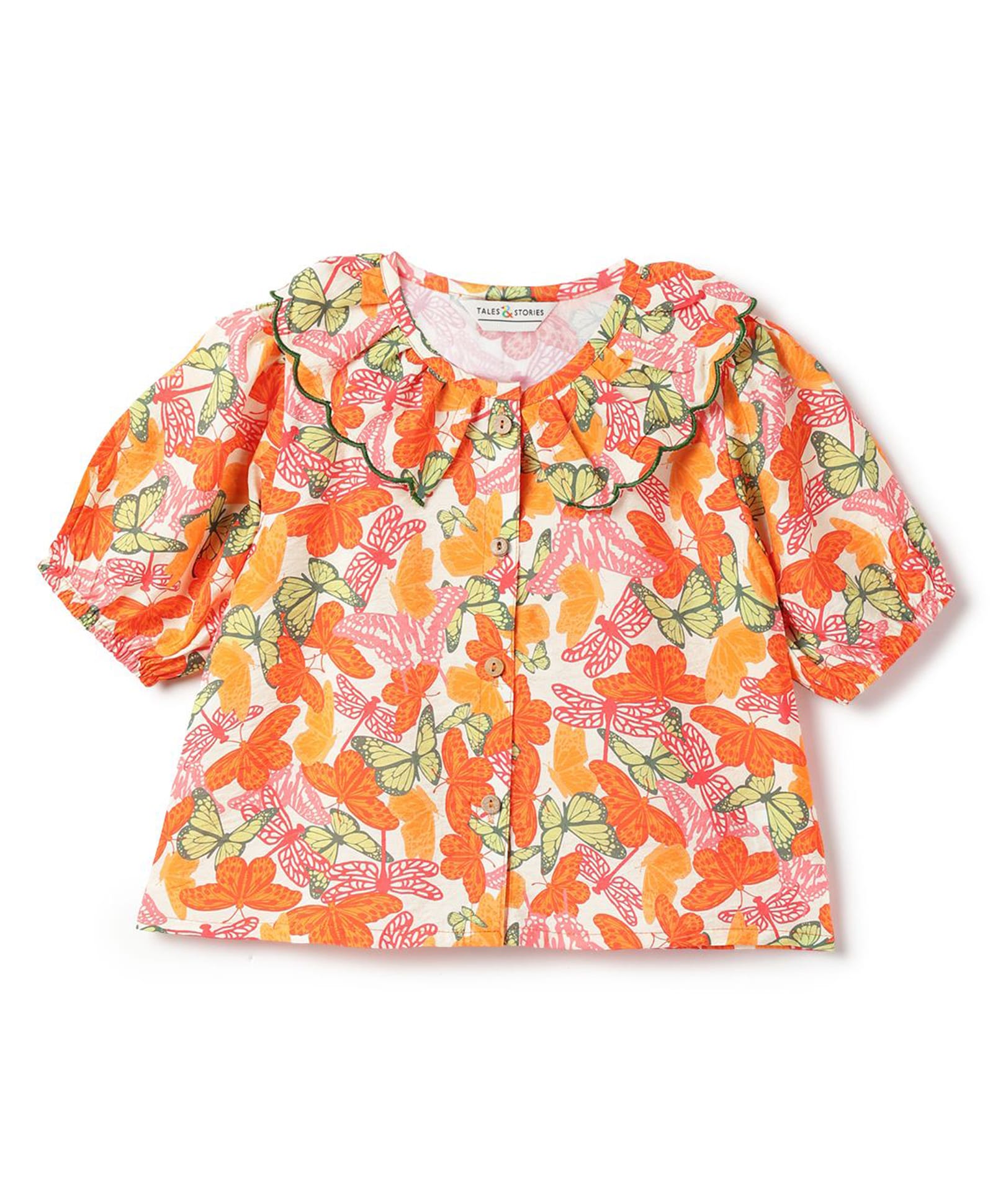 Tales & Stories Viscose Woven Half Puffed Sleeves Butterfly Printed Top - Orange-picture-17