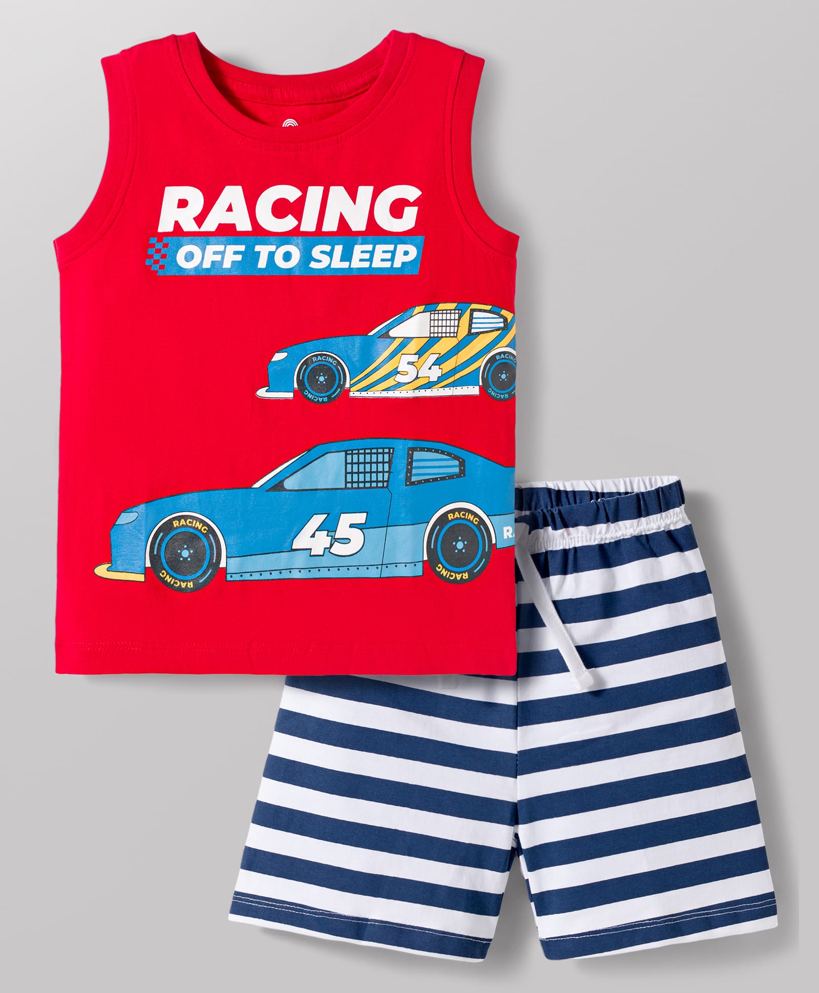 Doodle Poodle 100% Cotton Knit Sleeveless T-Shirt & Shorts Night Suit with Car Print - Red & White-image-11