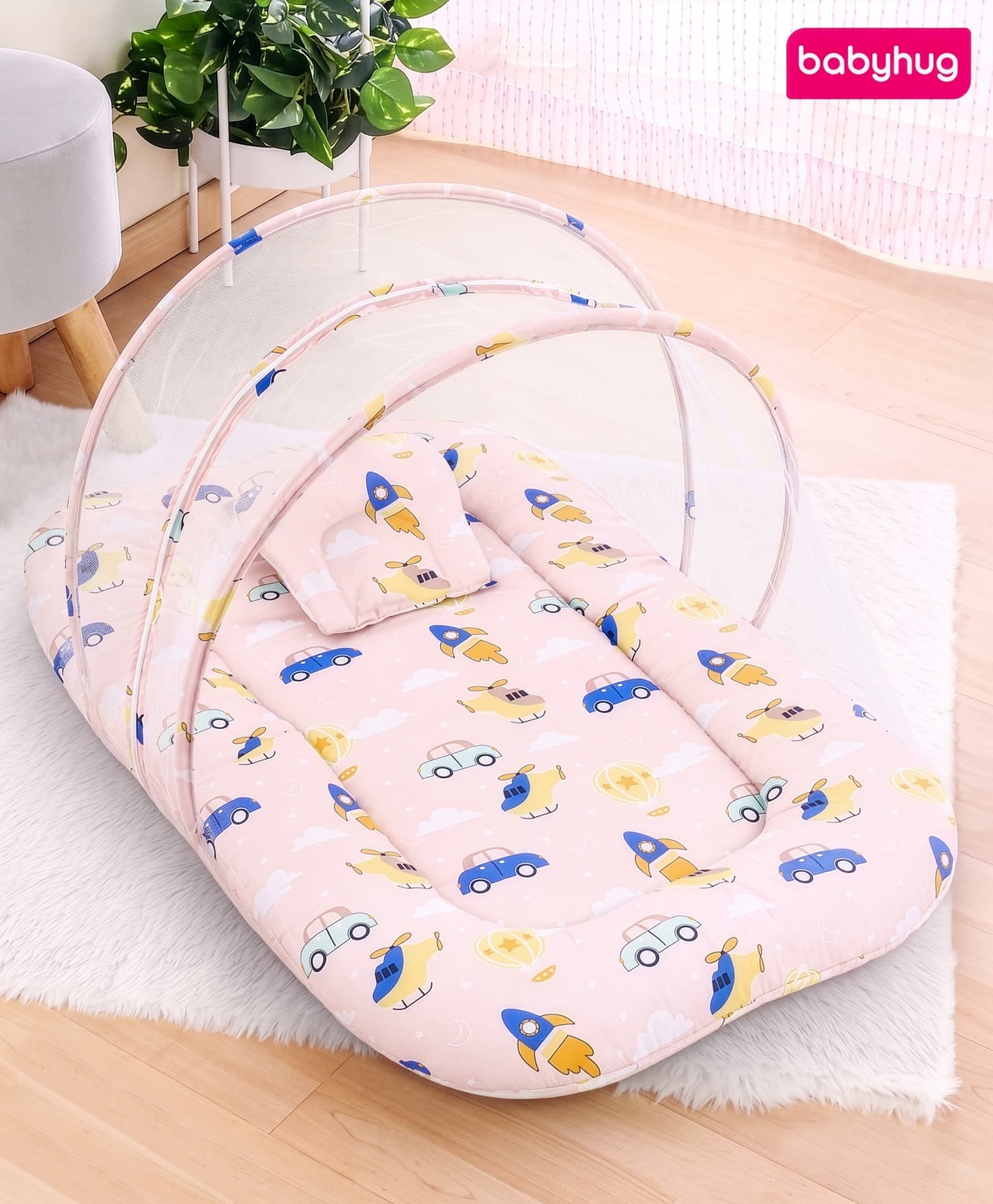 Babyhug Mosquito Mattress Set with Pillow Transport Print Peach| Soft Cushioned Bedding | 0-12 Months| New Born Essential| Easy Zipper Closure| Foldable & Travel-Friendly-image-48