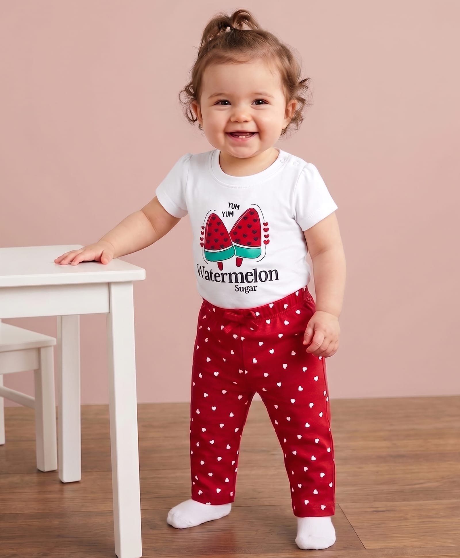 Doodle Poodle 100% Cotton Knit Half Sleeves T-Shirt & Pyjama Night Suit with Watermelon & Heart Print - Red & White-picture-13