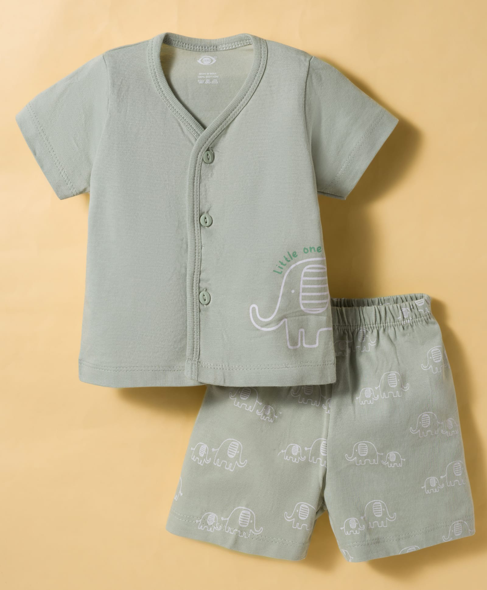 Zero Sinker Knit Half Sleeves Elephant Printed T-Shirt & Shorts Night Suit - Olive Green-image-48