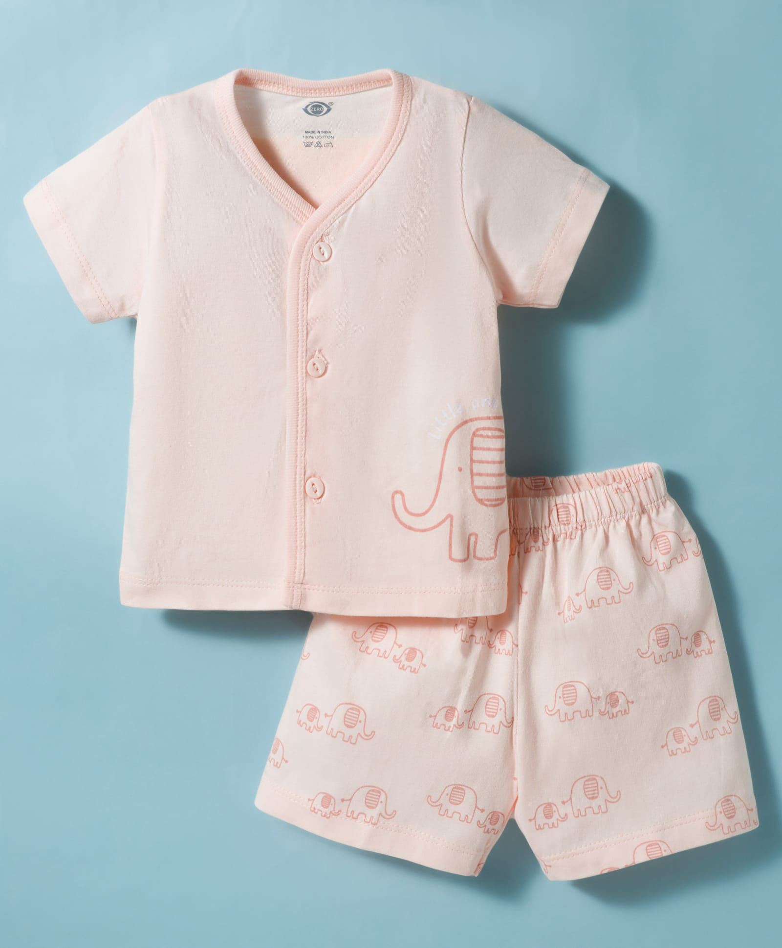 Zero Sinker Knit Half Sleeves Elephant Printed T-Shirt & Shorts Night Suit - Peach-image-47