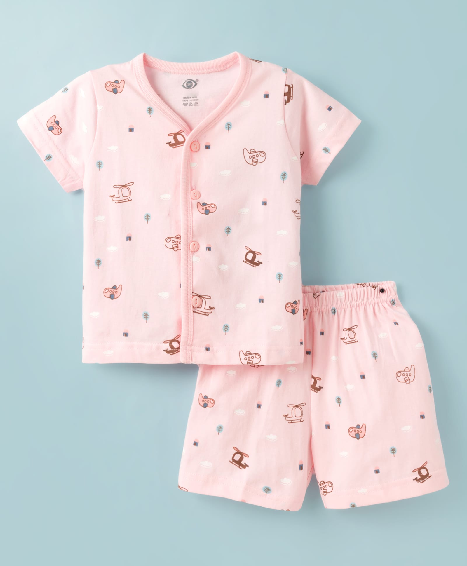 Zero Sinker Knit Half Sleeves T-Shirt & Shorts Co-ord Night Suit With Plane & Helicopter Print - Pink-image-39