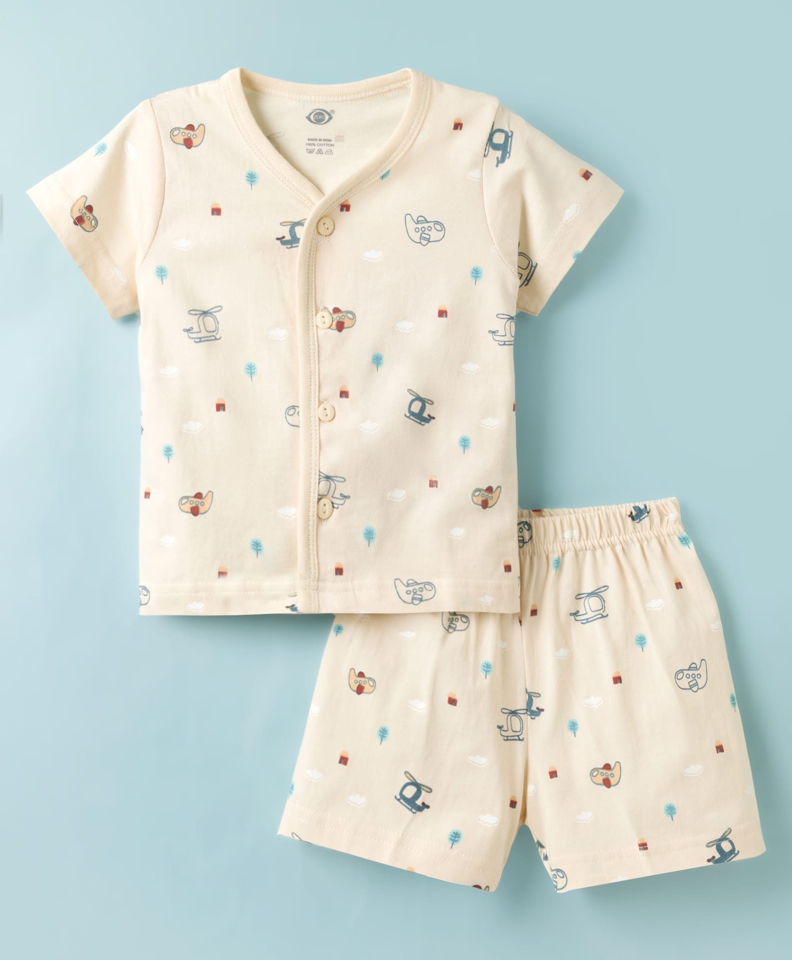 Zero Sinker Knit Half Sleeves T-Shirt & Shorts Co-ord Night Suit With Plane & Helicopter Print - Beige-image-40