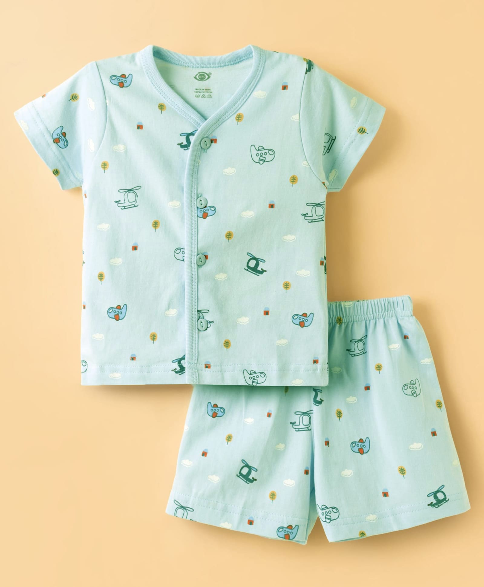Zero Sinker Knit Half Sleeves T-Shirt & Shorts Co-ord Night Suit With Plane & Helicopter Print - Blue-picture-17
