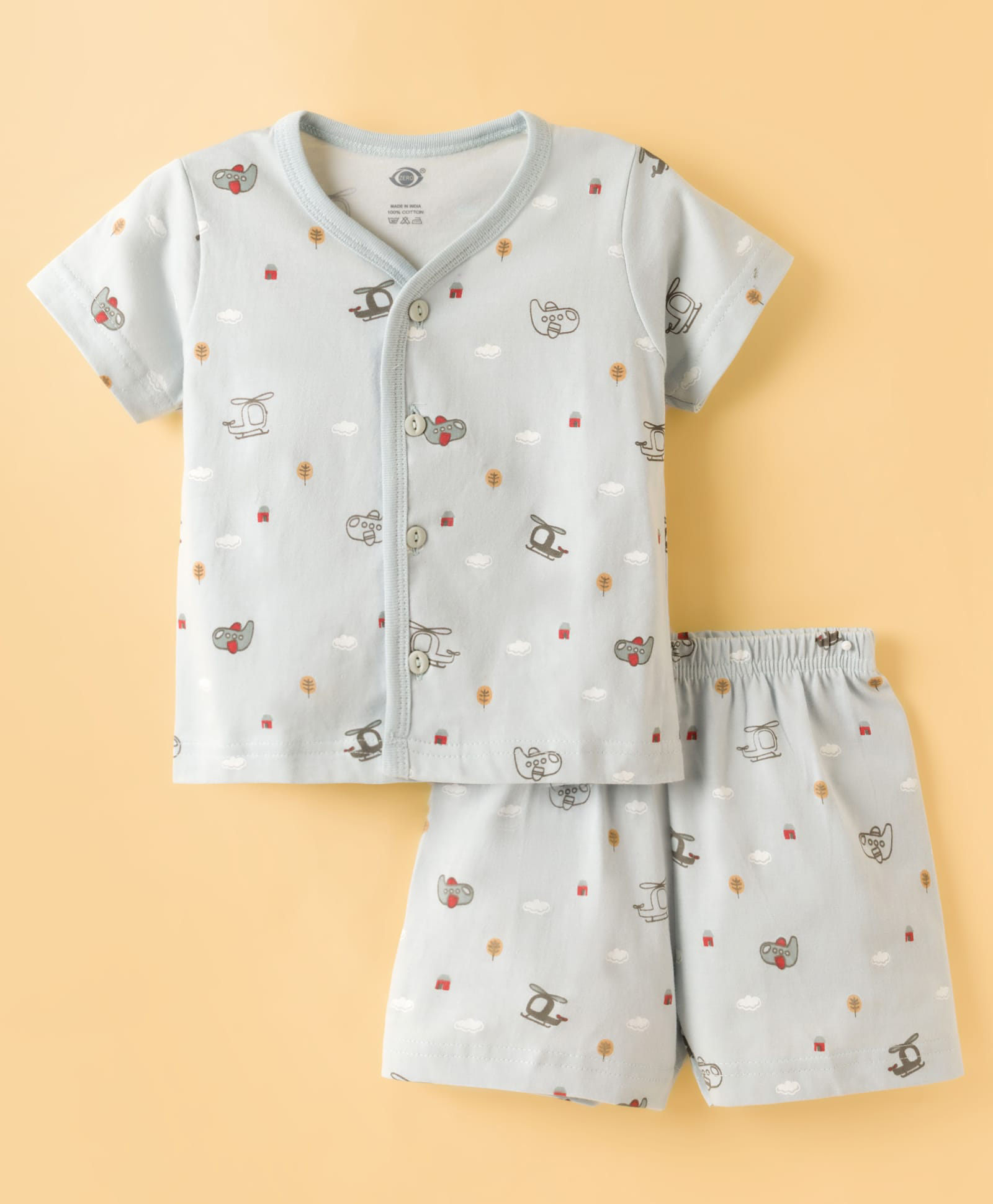 Zero Sinker Knit Half Sleeves T-Shirt & Shorts Co-ord Night Suit With Plane & Helicopter Print - Silver-picture-40